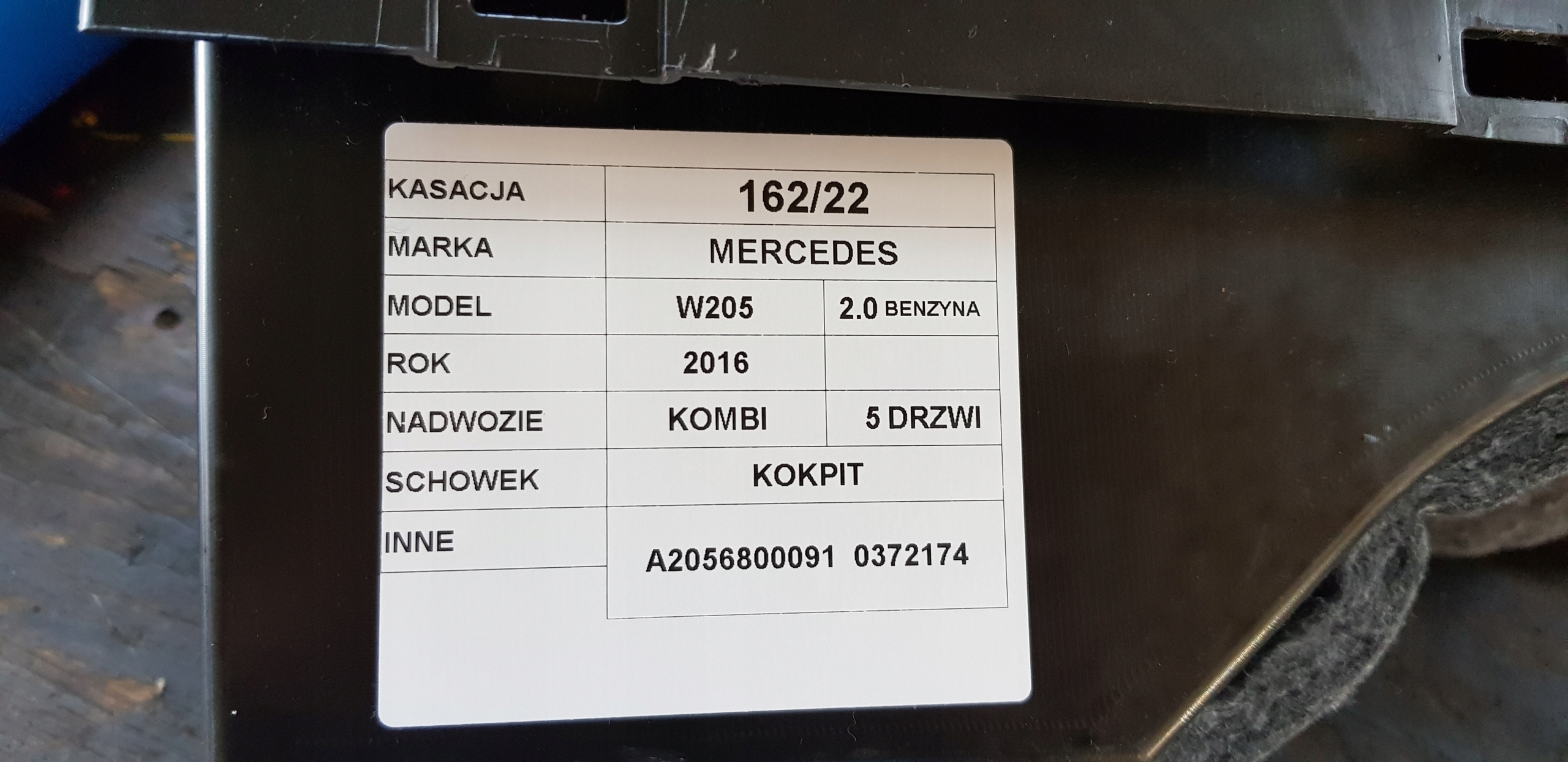 MERCEDES W205 passenger compartment cockpit A2056800091 0372174