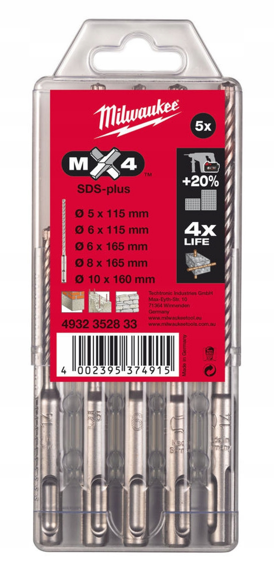 Zestaw Wierteł do Betonu Zbrojonego Milwaukee SDS-Plus MX4 5szt 4932352833