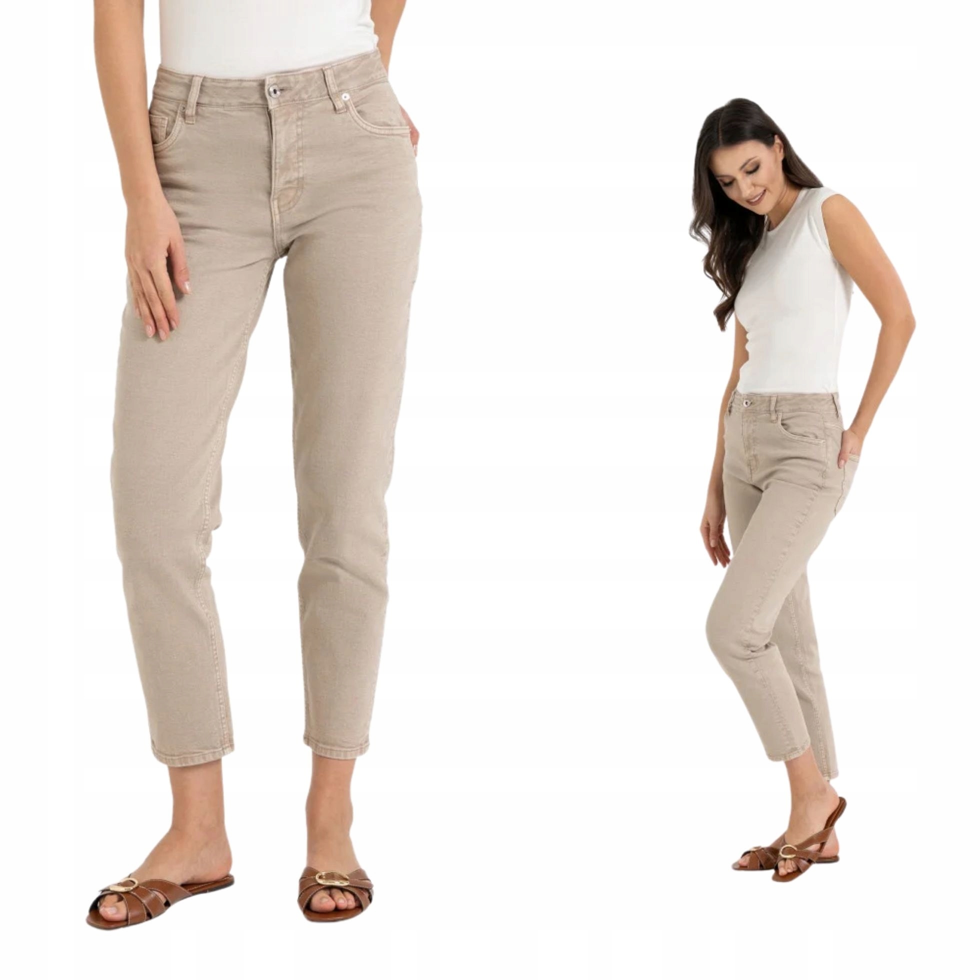 Spodnie Mom Fit Jeansowe Damskie Wysoki Stan Luźne Beżowe Jeansy Moraj 36