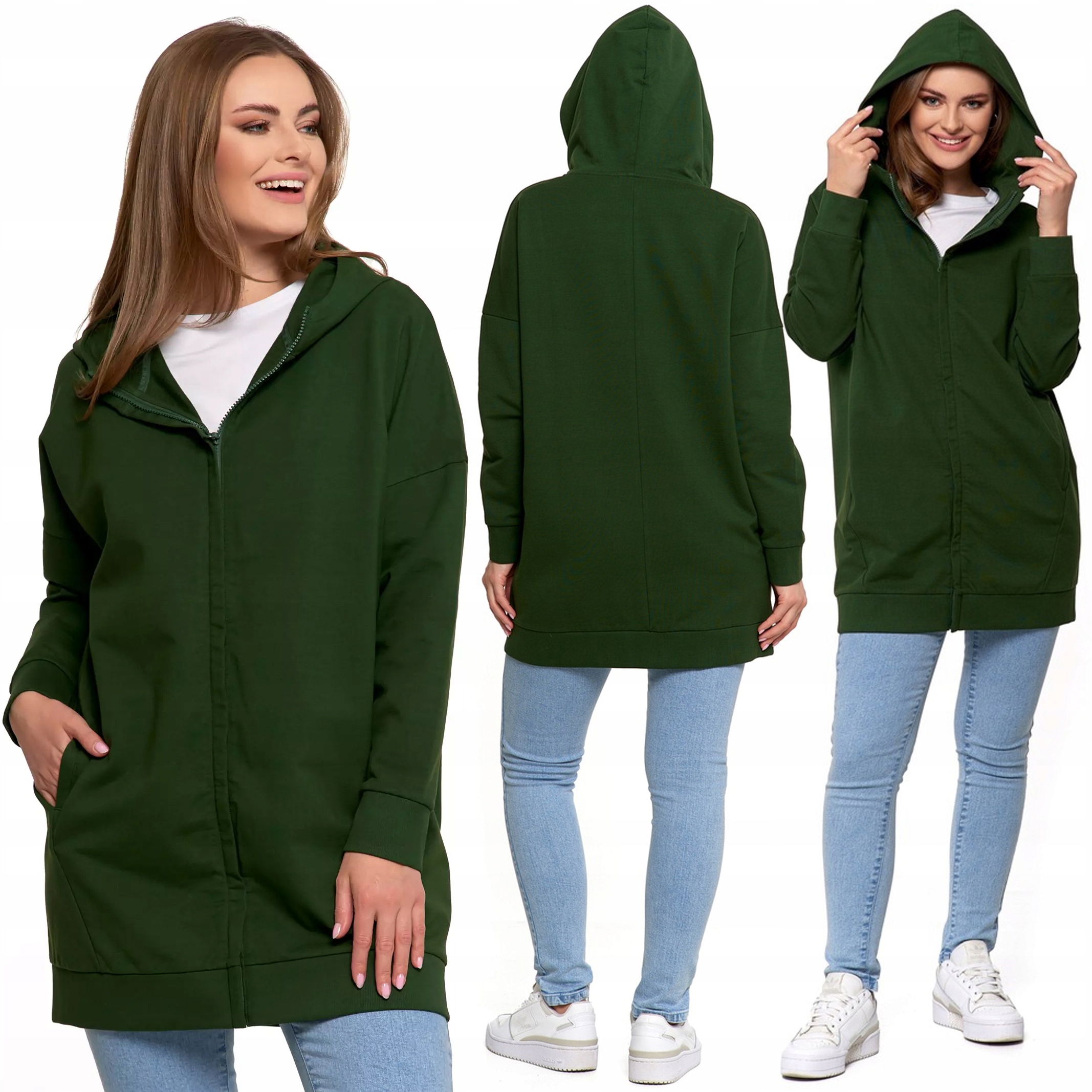 Długa Bluza Damska Dresowa z Kapturem i Zamkiem Luźna Moraj Xs/s