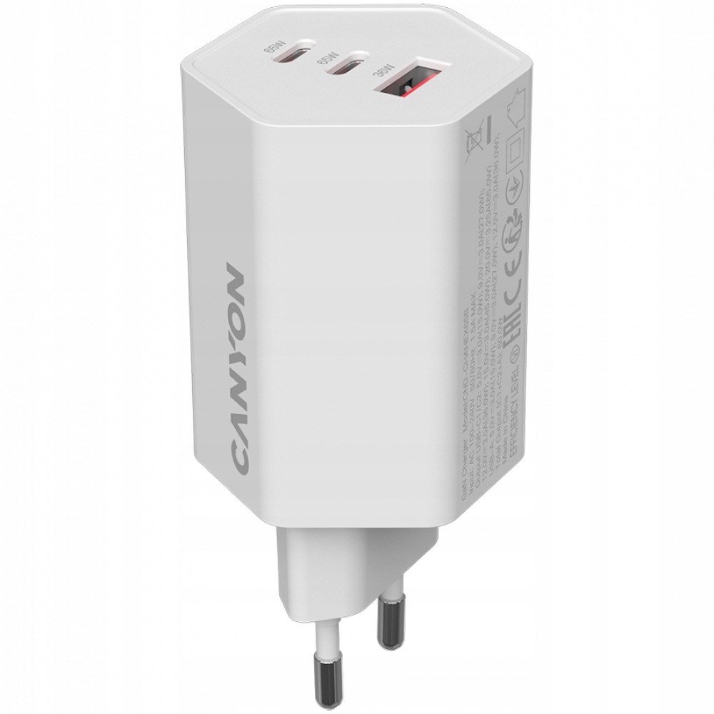 Ładowarka sieciowa 65W 2xPD 1xQC GaN Canyon Hexagon biała