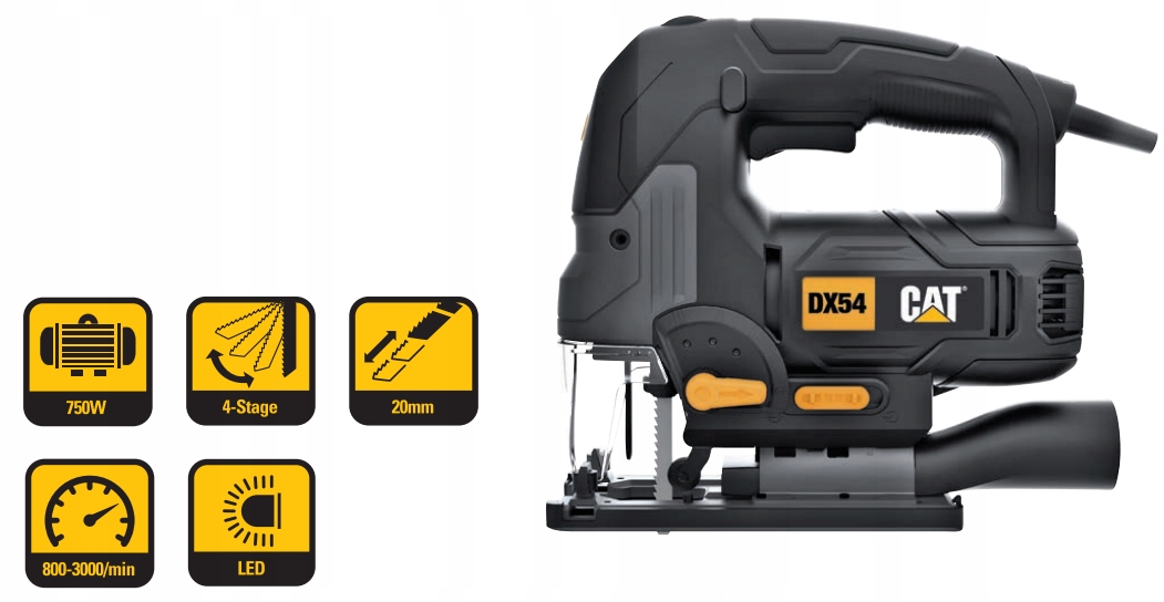 Wyrzynarka CAT DX54 750W oświetlenie LED funkcja dmuchawy Głębokość cięcia w aluminium 20 mm