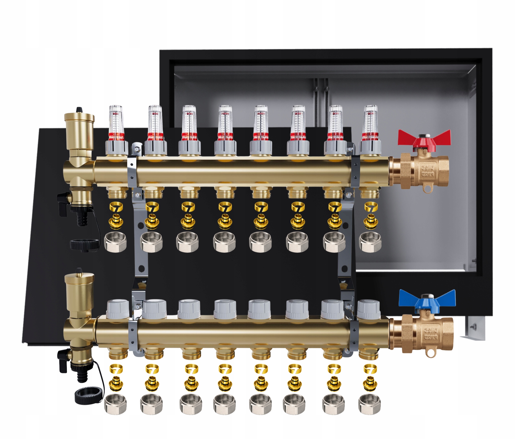 Rozdělovač podlahový mosazný 8 okruhů Podomítkový černý Ventily Pex