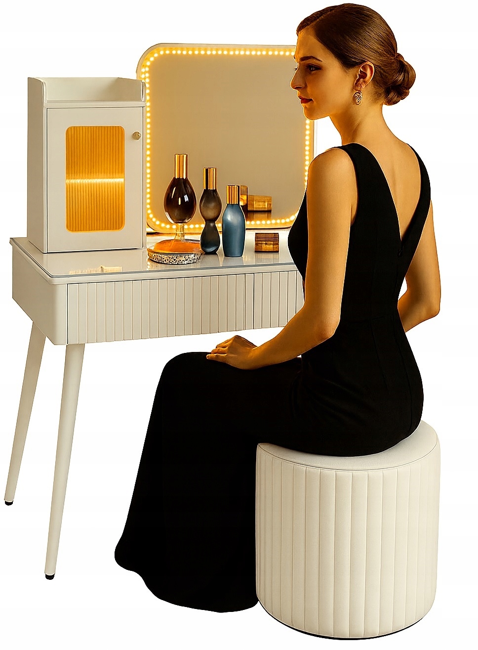 TOALETKA KOSMETYCZNA Lustro OŚWIETLENIE Pufa Biała Makijaż Dom Sypialnia