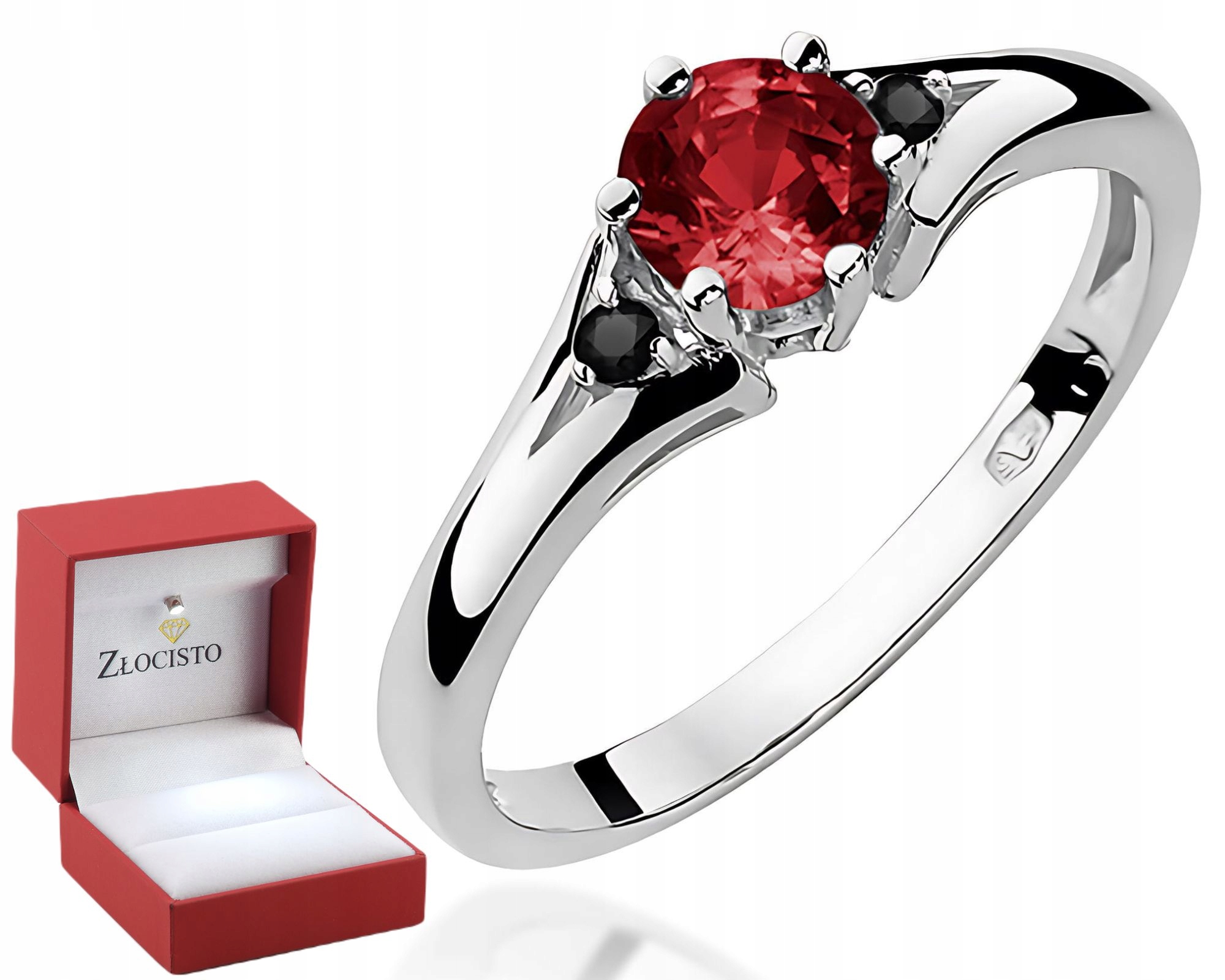 Białe Złoto Pierścionek Z Granatem Czarne Diamenty Złoto 585 14K