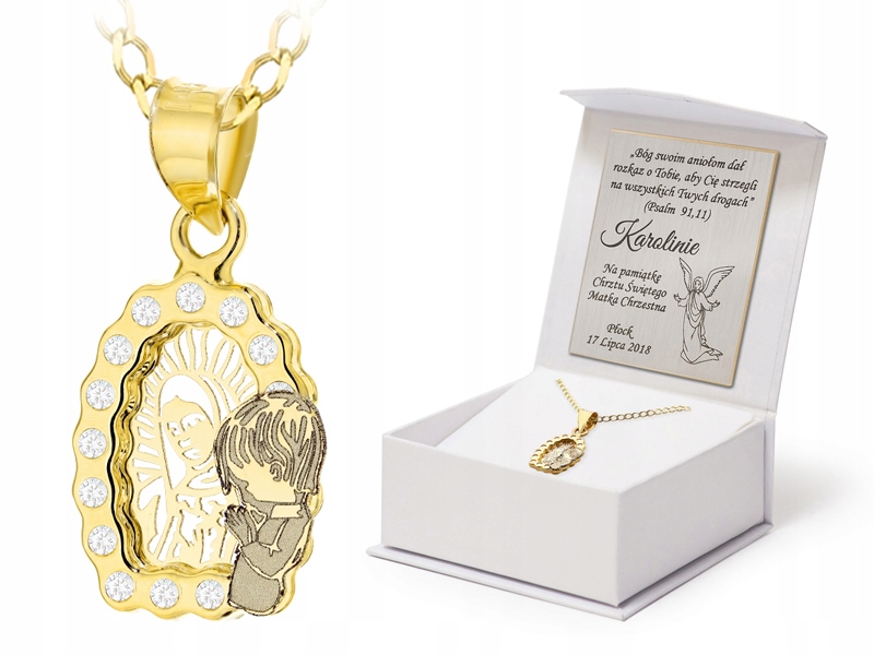 Zlatý Komplet pr. 585 Řetízek 55 cm Medailon Dítě Matka Boží 14k