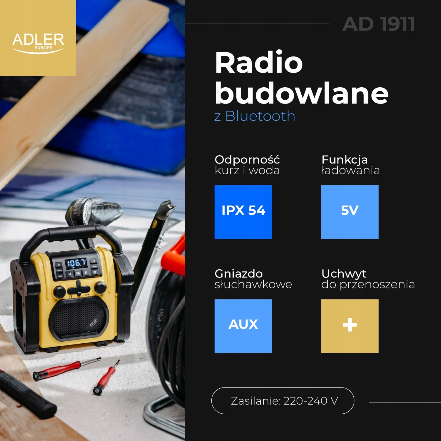 Radio Budowlane AD 1911 z Bluetooth IPX54 - Odporne i Funkcjonalne