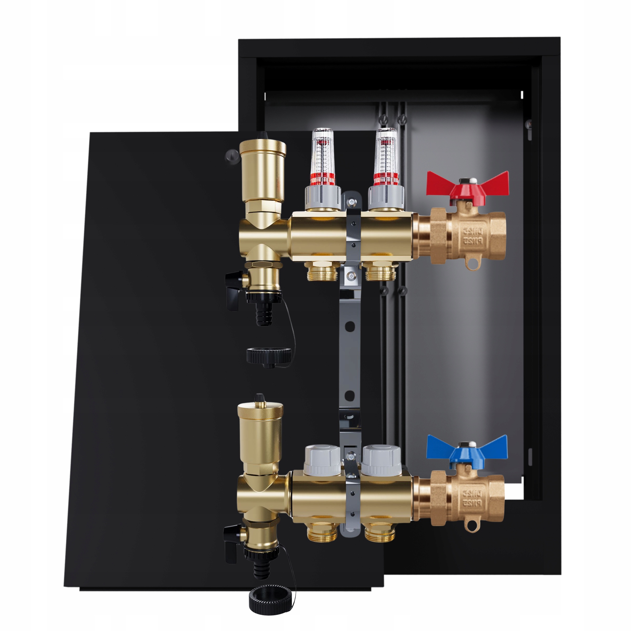 Rozdělovač podlahových krytin mosazný 2 okruhy černá skříňka jednoduchý ventil