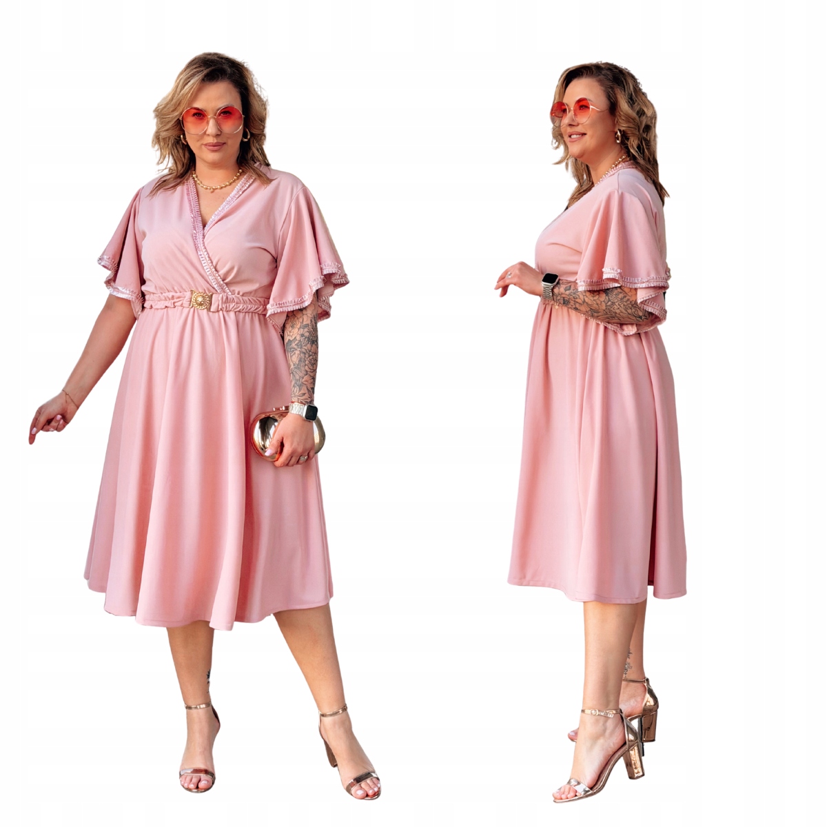 Sukienka Duże Rozmiary Plus Size Midi z Paskiem Damska Cavaricci Różowa