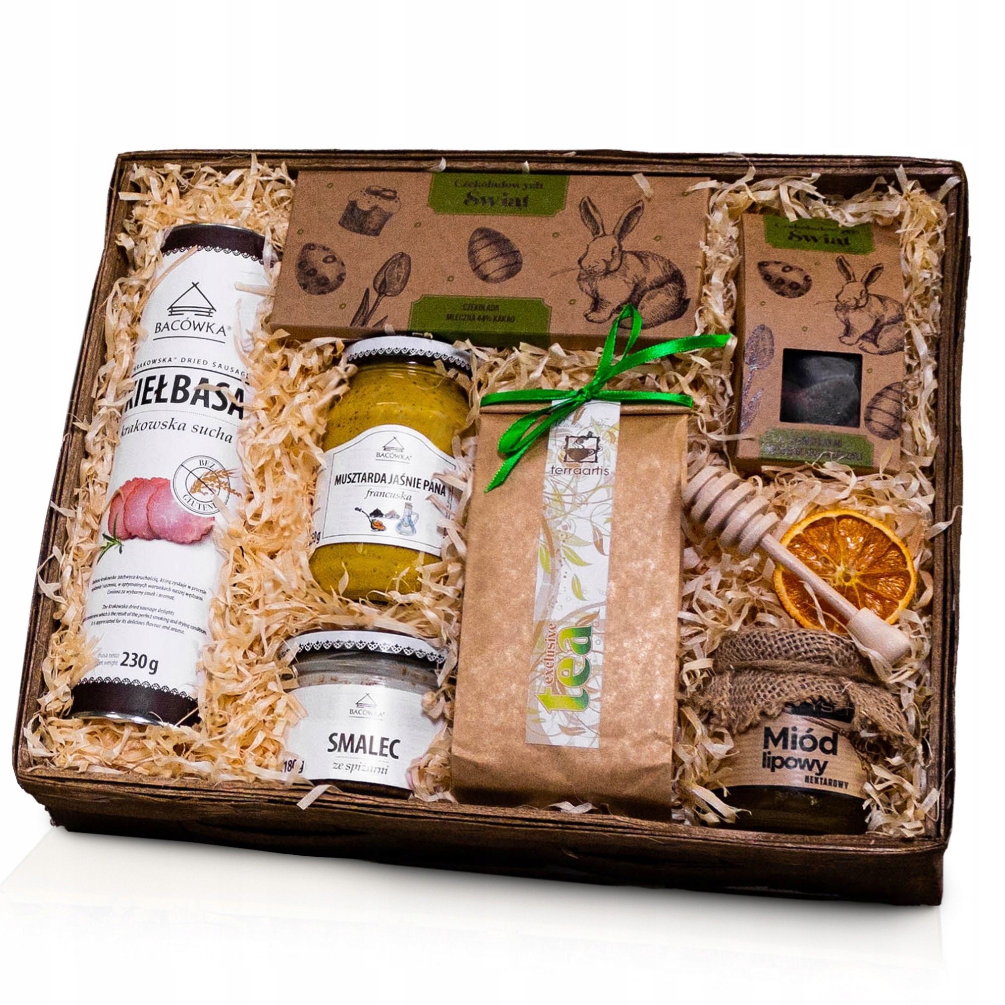 Levně Dárkový koš Dárek na Velikonoce – klobása, sádlo, hořčice, med