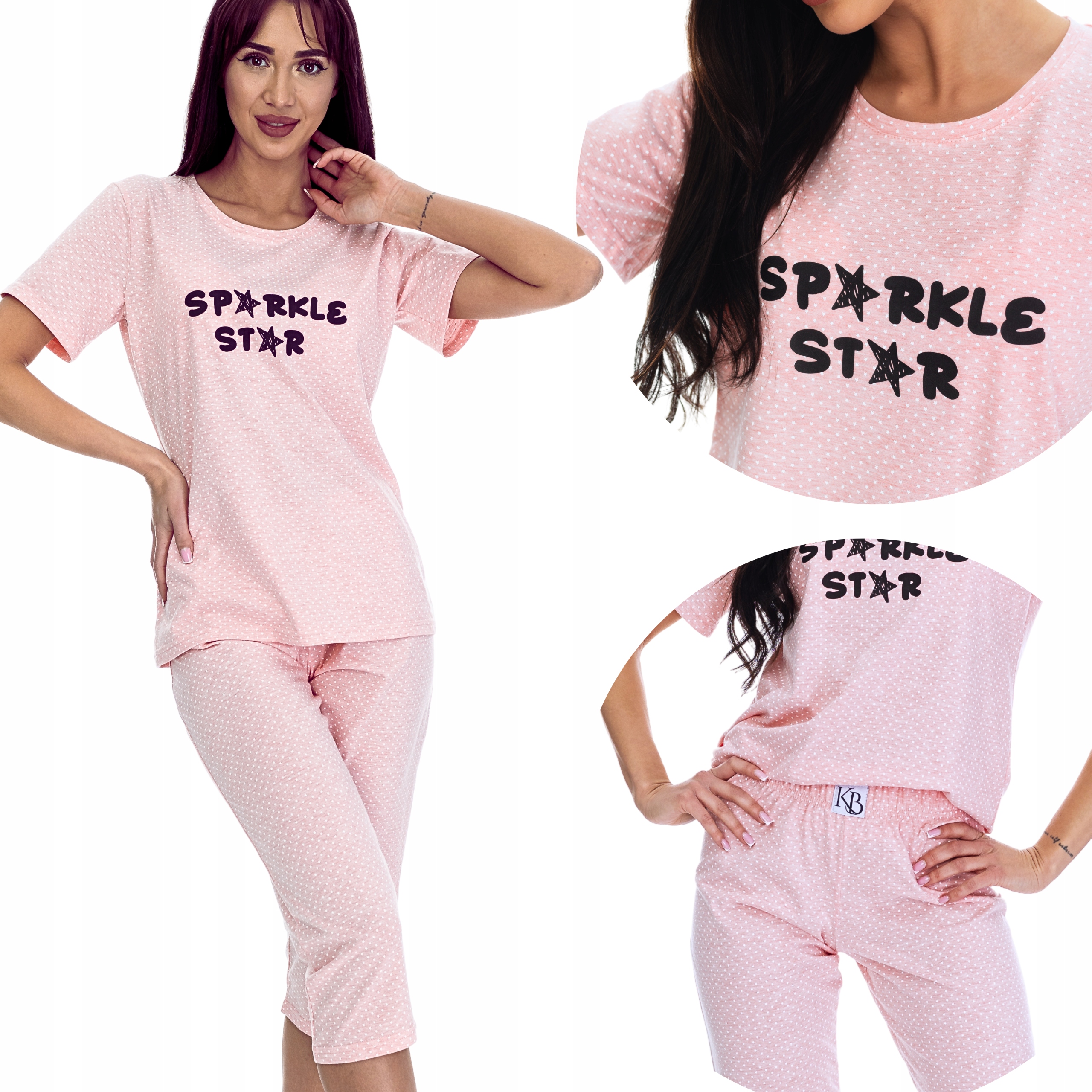 Dámské Pyžamo Kr. Rukáv 3/4 Kalhoty Kuba Růžová Hvězdičky Potisk L