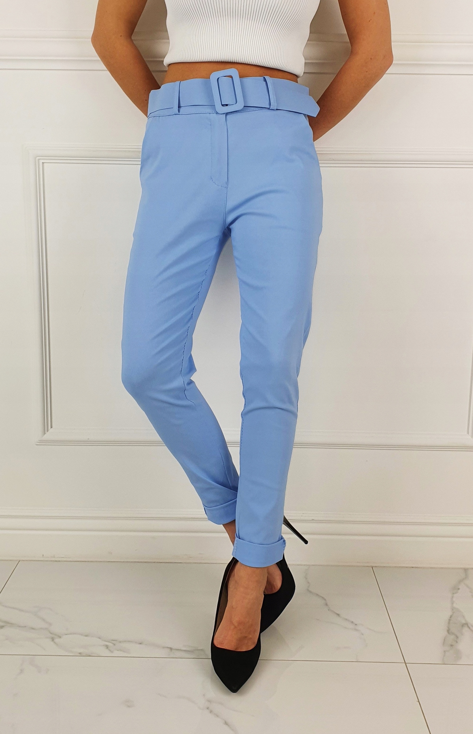 #ELASTYCZNE - SPODNIE - DAMSKIE - W GUMKĘ - PASEK# Kolor niebieski