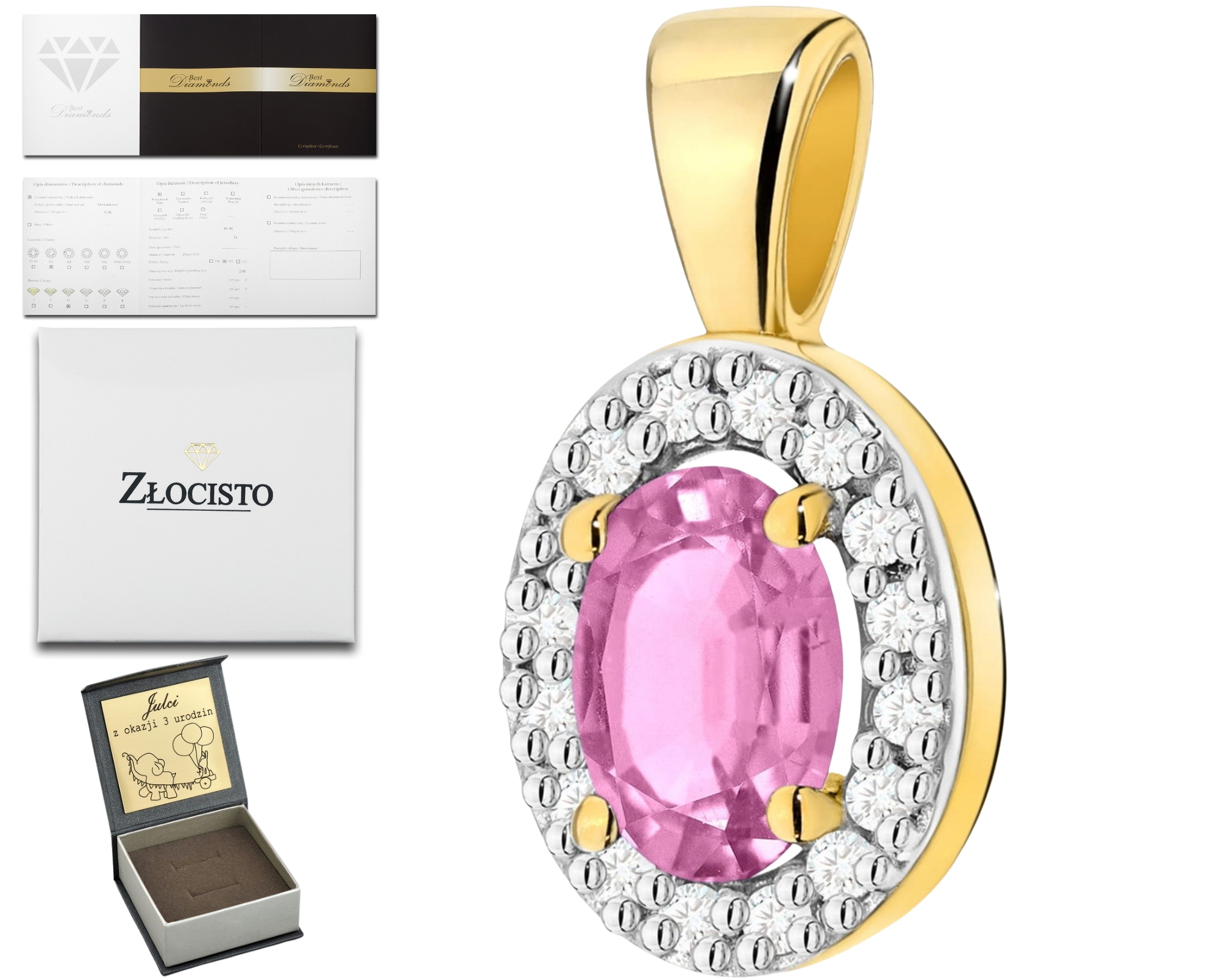 Zlatý Elegantní Přívěsek S Růžovým Safírem A Diamanty 585