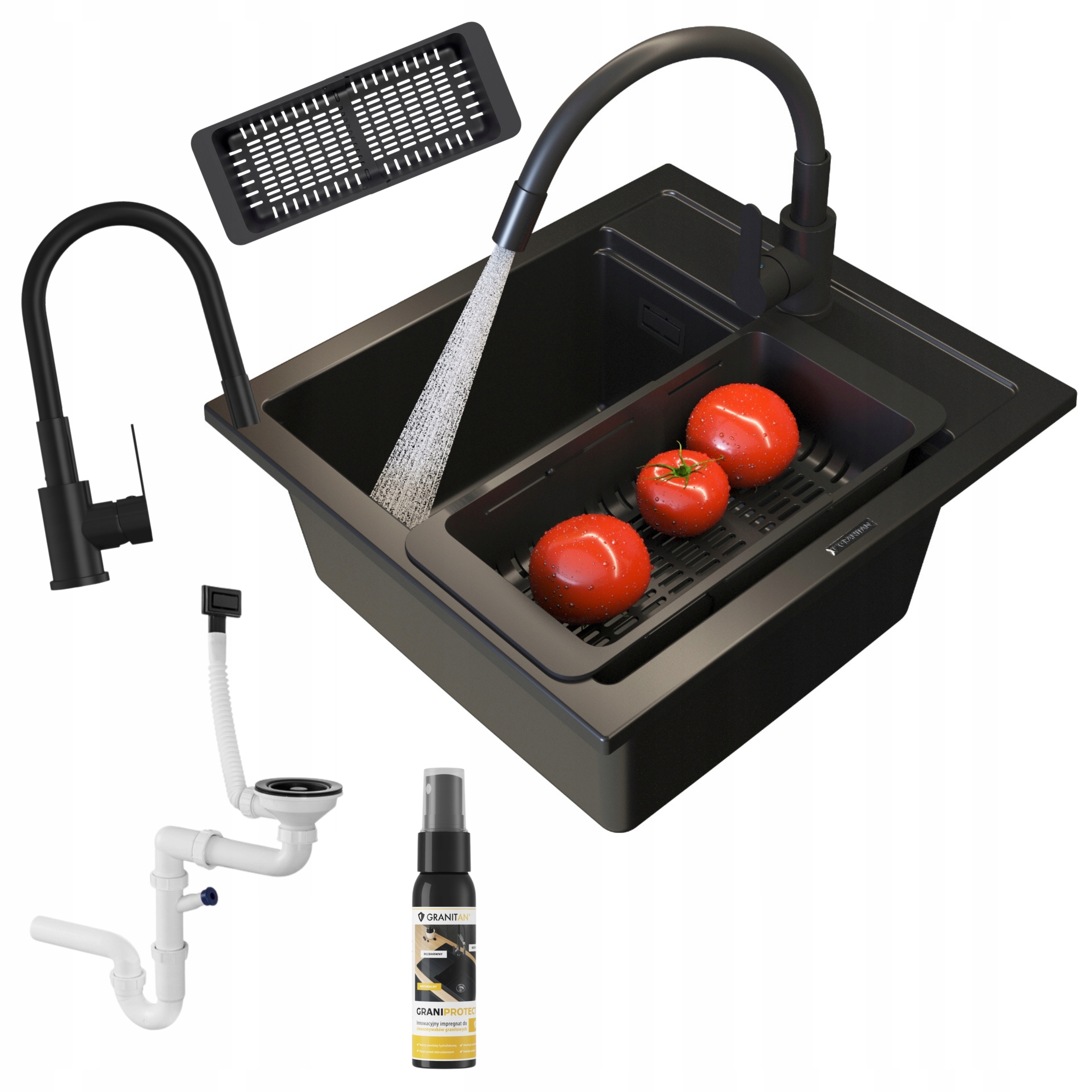 Dřez jednokomorový Stone M Set baterie, košík, sifon