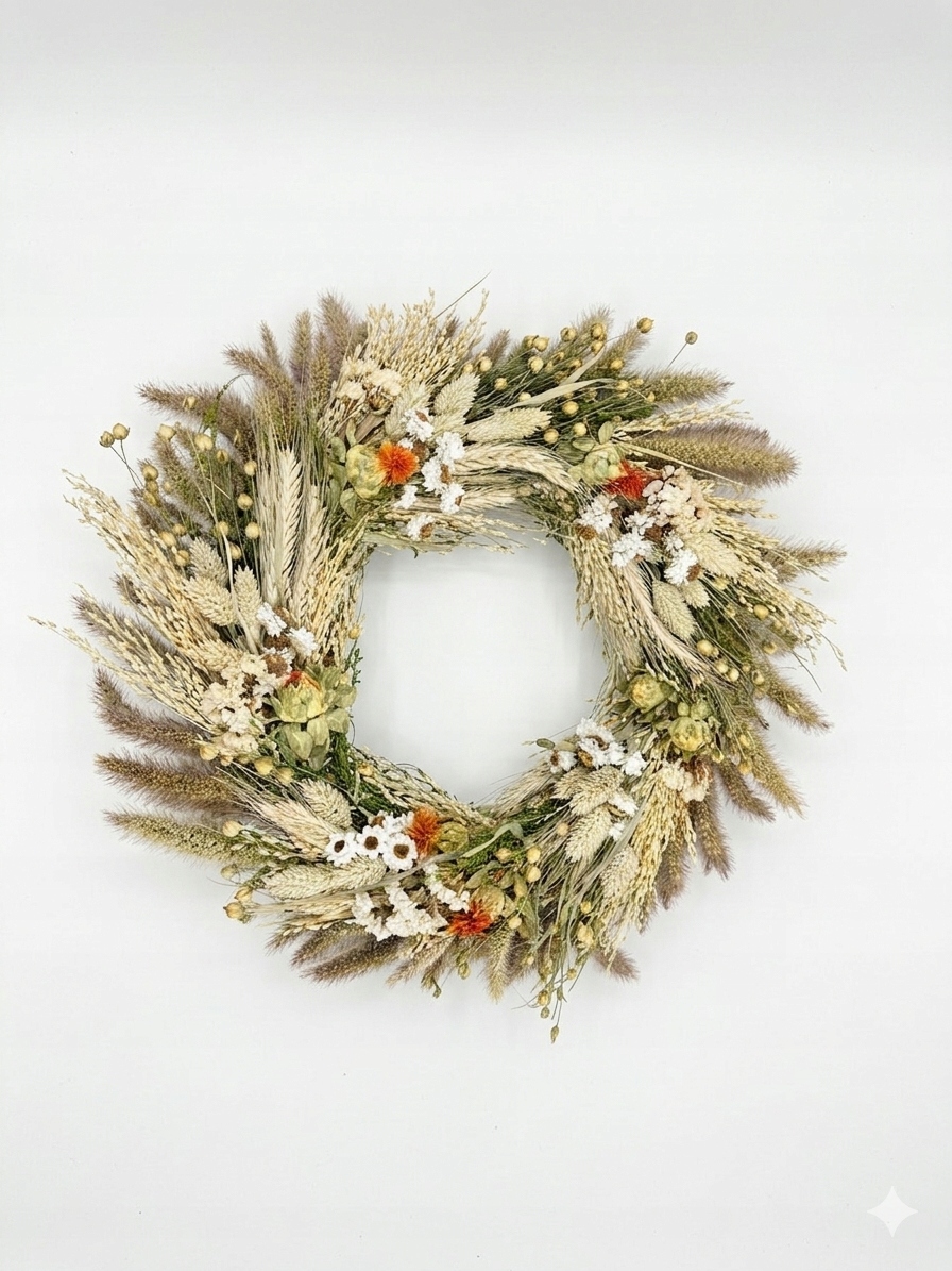 Wianek Suszony 35cm Beżowy, Naturalny, Boho, Dekoracja Drzwi, Rękodzieło