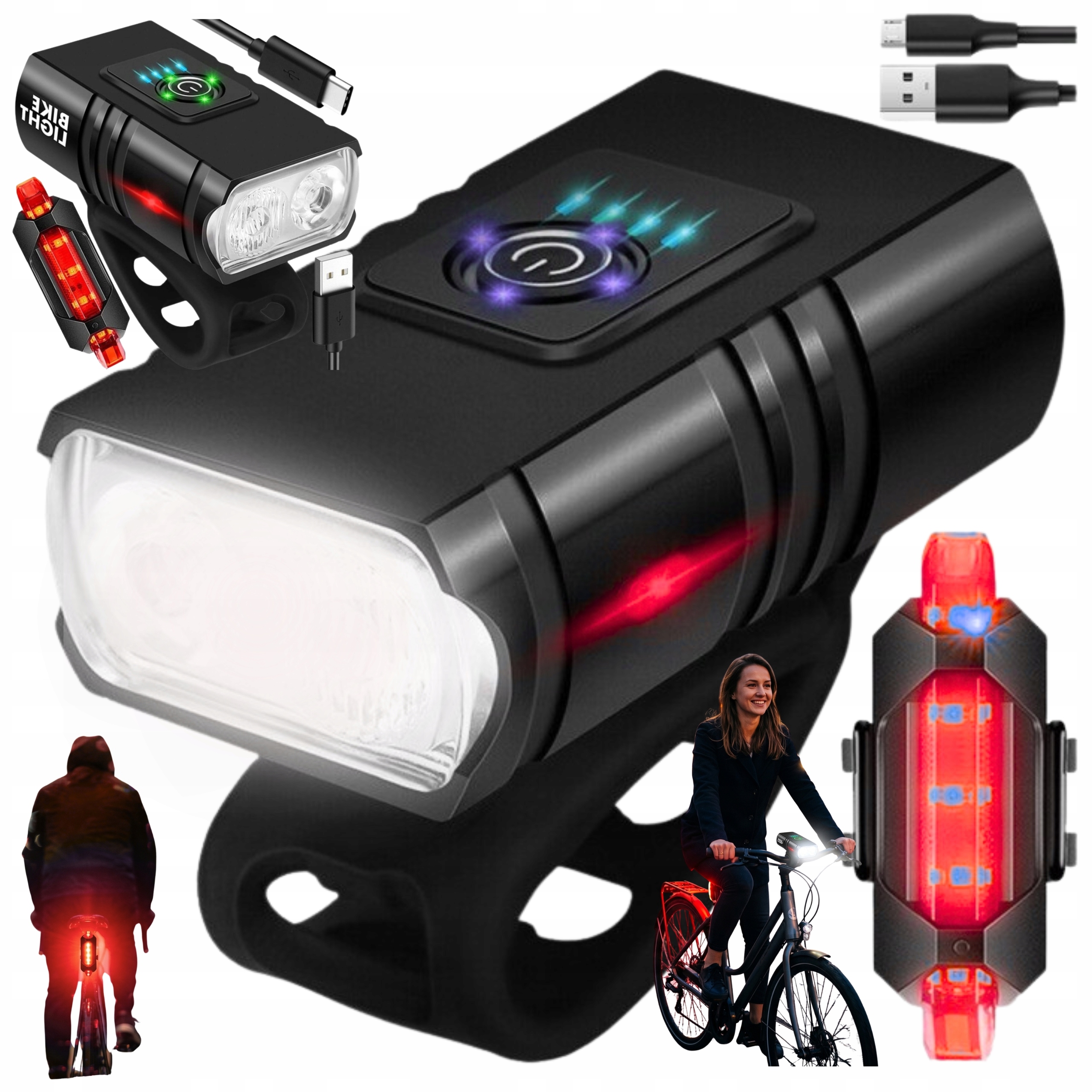 Oświetlenie Rowerowe Przednia Tylna 2x Led Usb Wodoodporne Zestaw Do Roweru