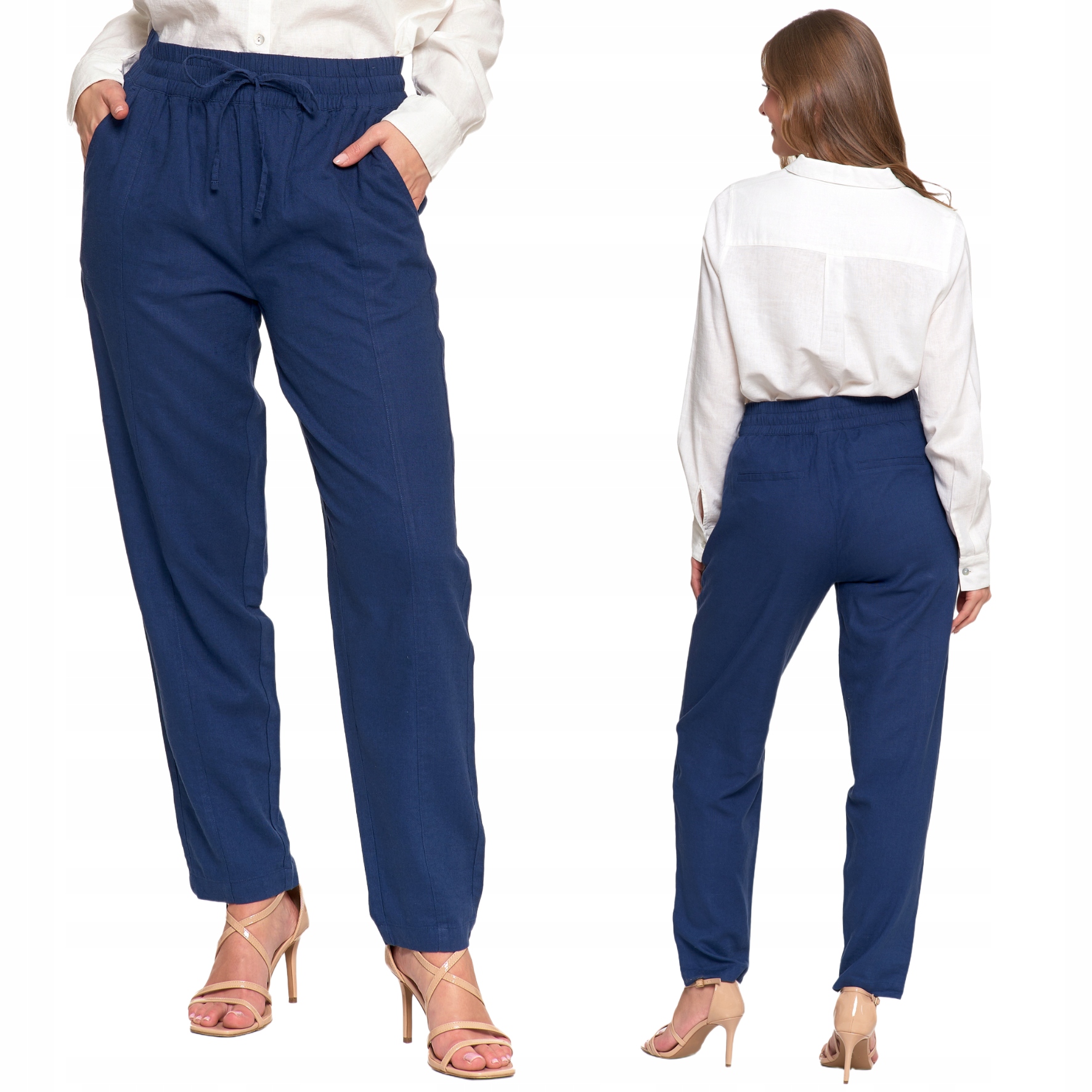 Lniane Spodnie Damskie Zwiewne Prosta Nogawka Moraj Niebieski L