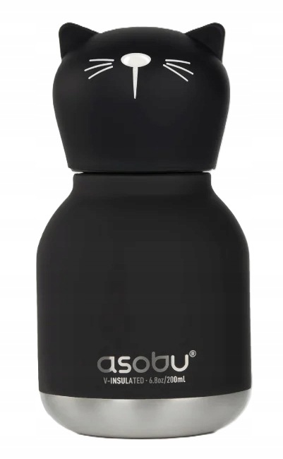 Asobu Bestie Mini Butelka Termiczna Ze Słomką Dla Dzieci Czarny Kot 200 ml
