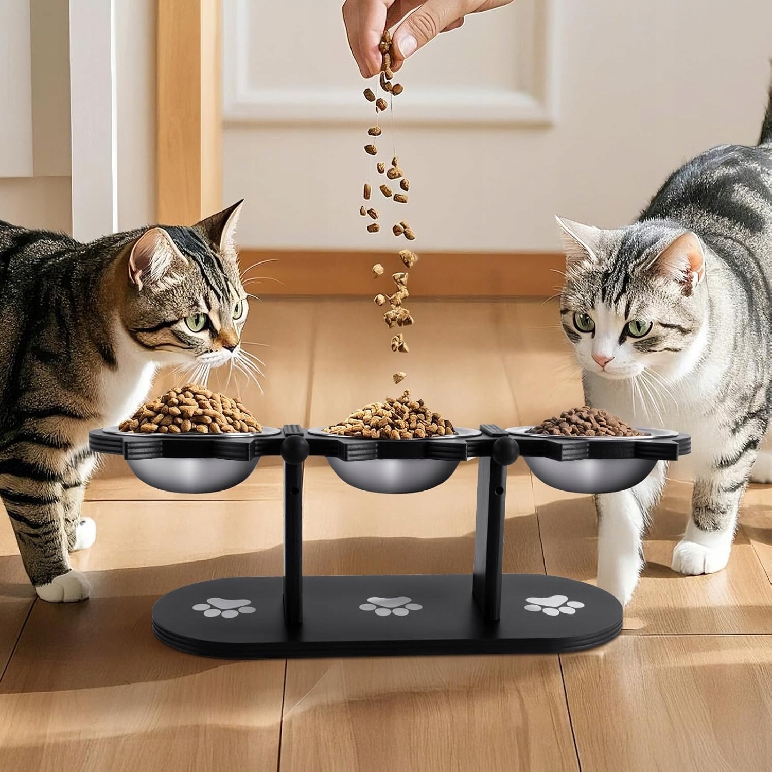 Vyvýšené Misky Pro Kočky – Dřevěná Stanice Se 3 Miskami Inox