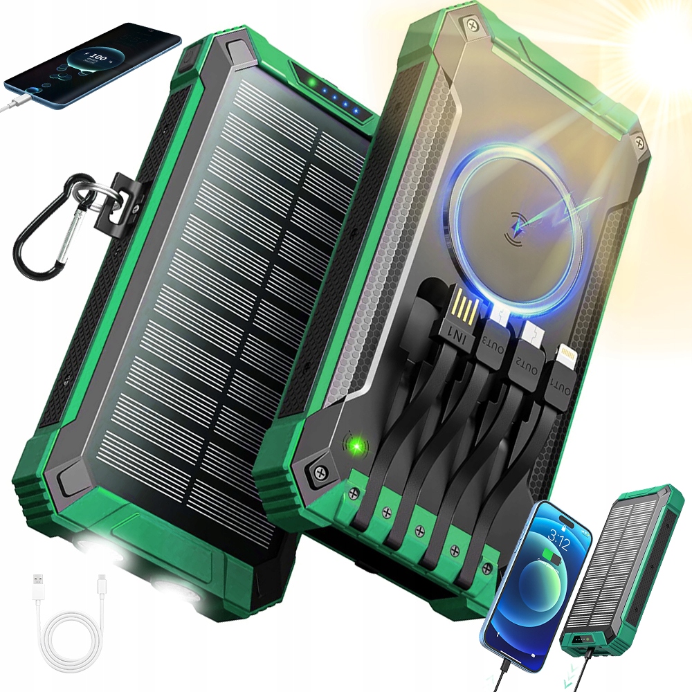 Powerbanka Solární 26800MAH Bezdrátové Nabíjení Indukční Svítilna PŘENOSNÁ4 Kabely