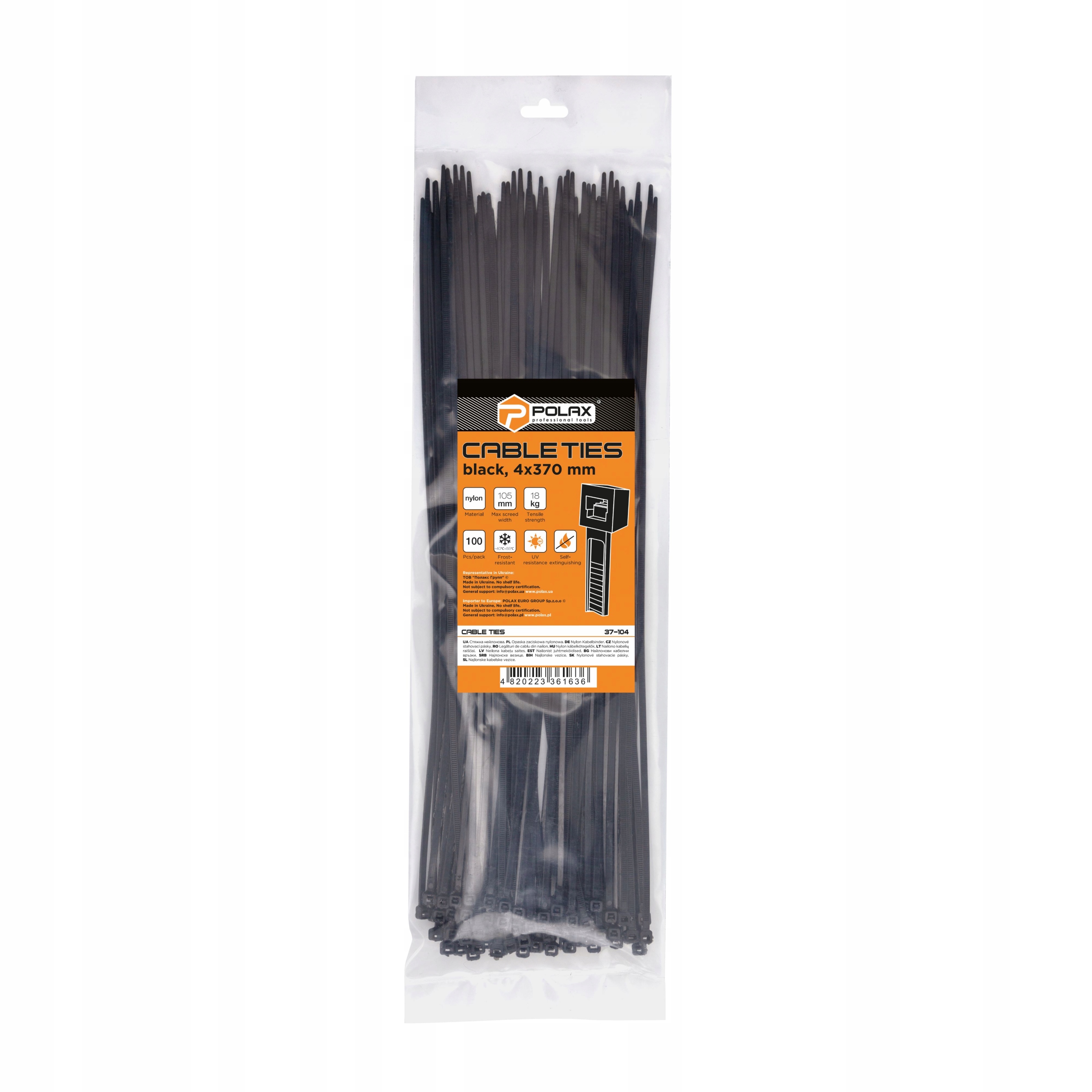Opaska kablowa zaciskowa trytytka nylonowa czarna 4х370mm 100szt Polax