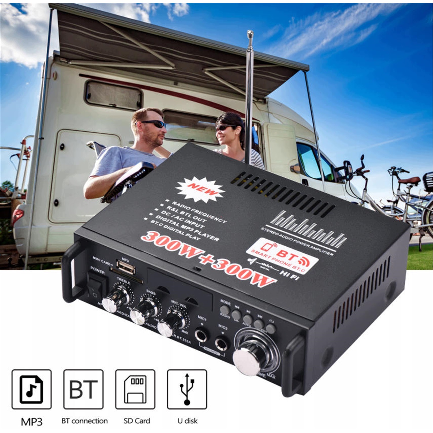 Mini Audio Zesilovač 600W Bluetooth Fm Rádio 2X Karaoke Mikrofon