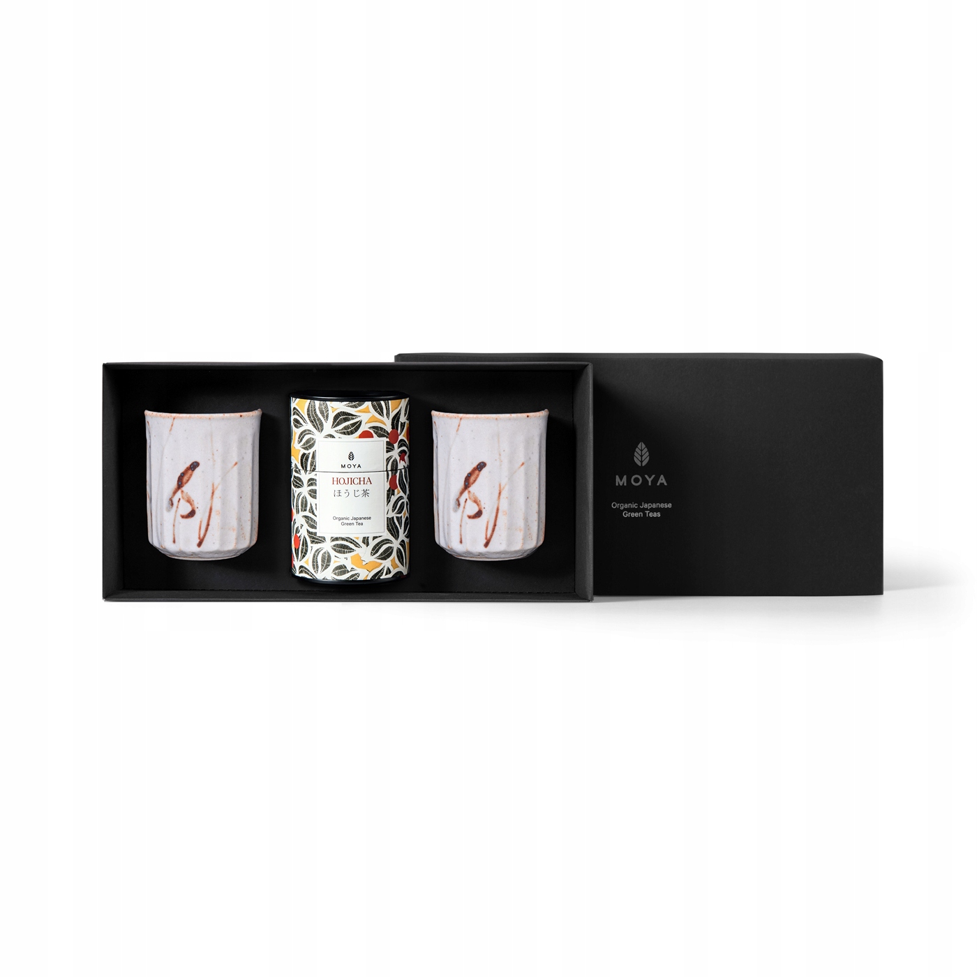 Dárková sada organických zelený čaj Moya Hojicha a 2 hrnků Sato