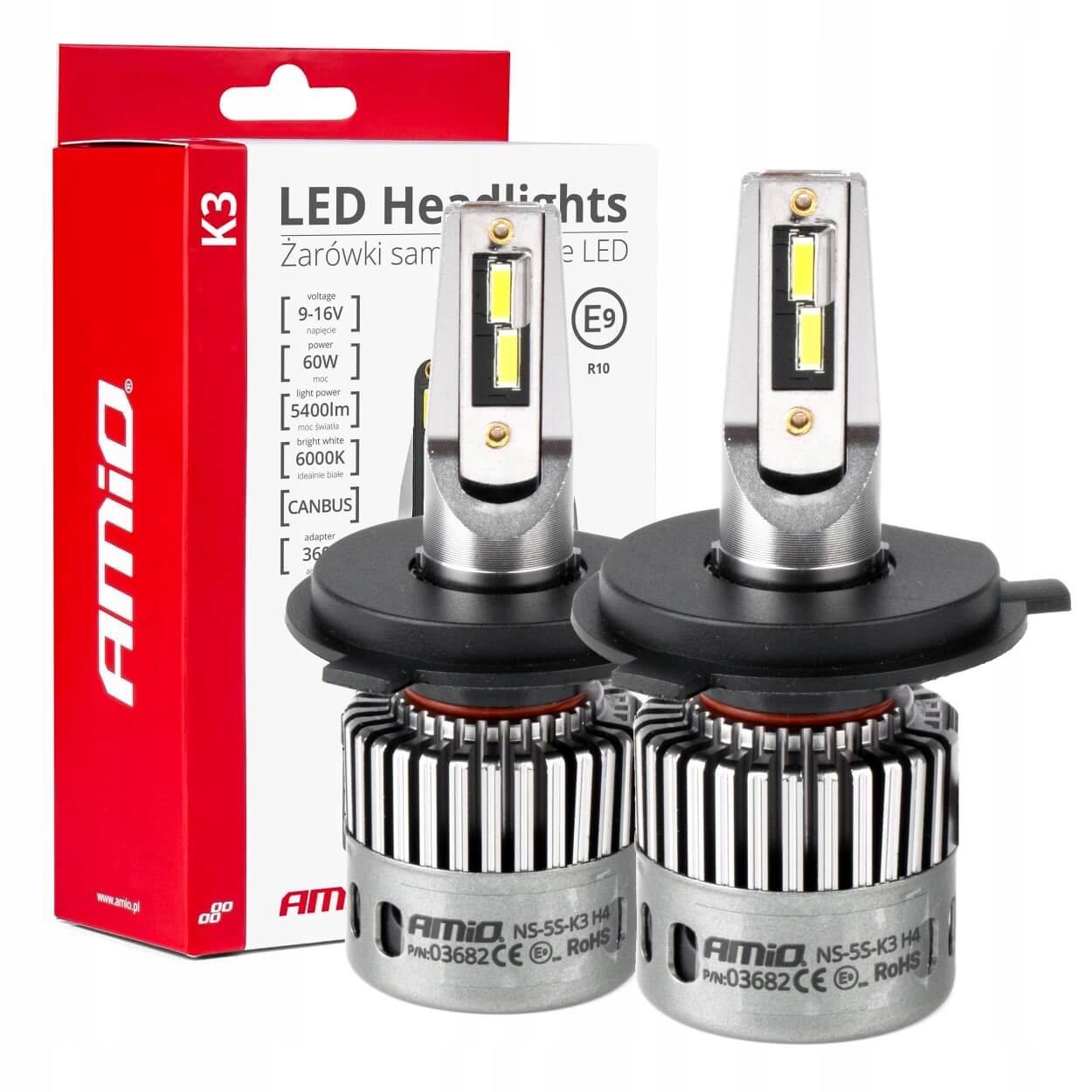 ŻARÓWKI H4/H19 LED seria K3 12V 6000K Canbus AMIO 2SZT.