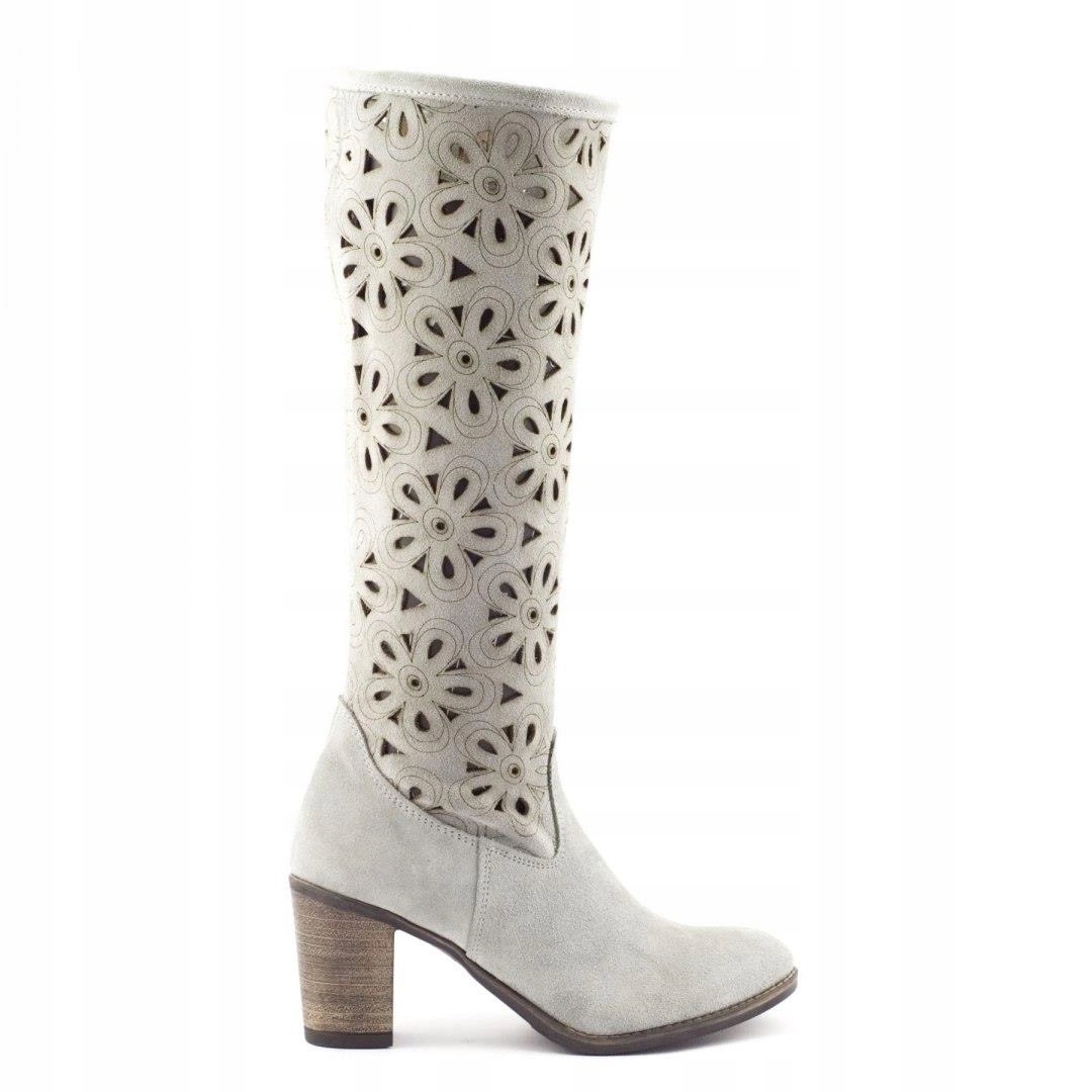 Kozačky z přírodní nubukové kůže s ažurovým vzorem na podpatku šedé boho 38