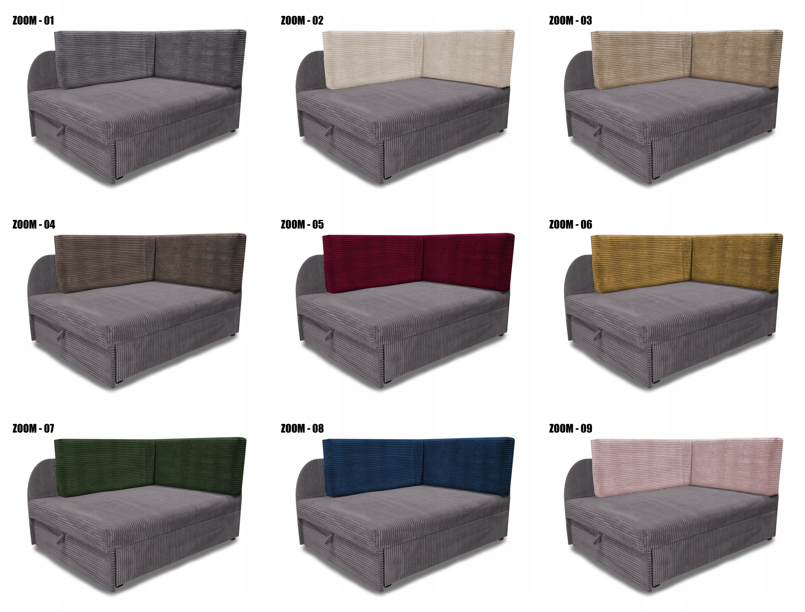 Nowoczesne łóżko dziecięce z regulowaną długością, narożnik KUBUŚ, pojemnik Informacje dodatkowe wysuwany pojemnik na pościel ze stelażem z materacem z zagłówkiem