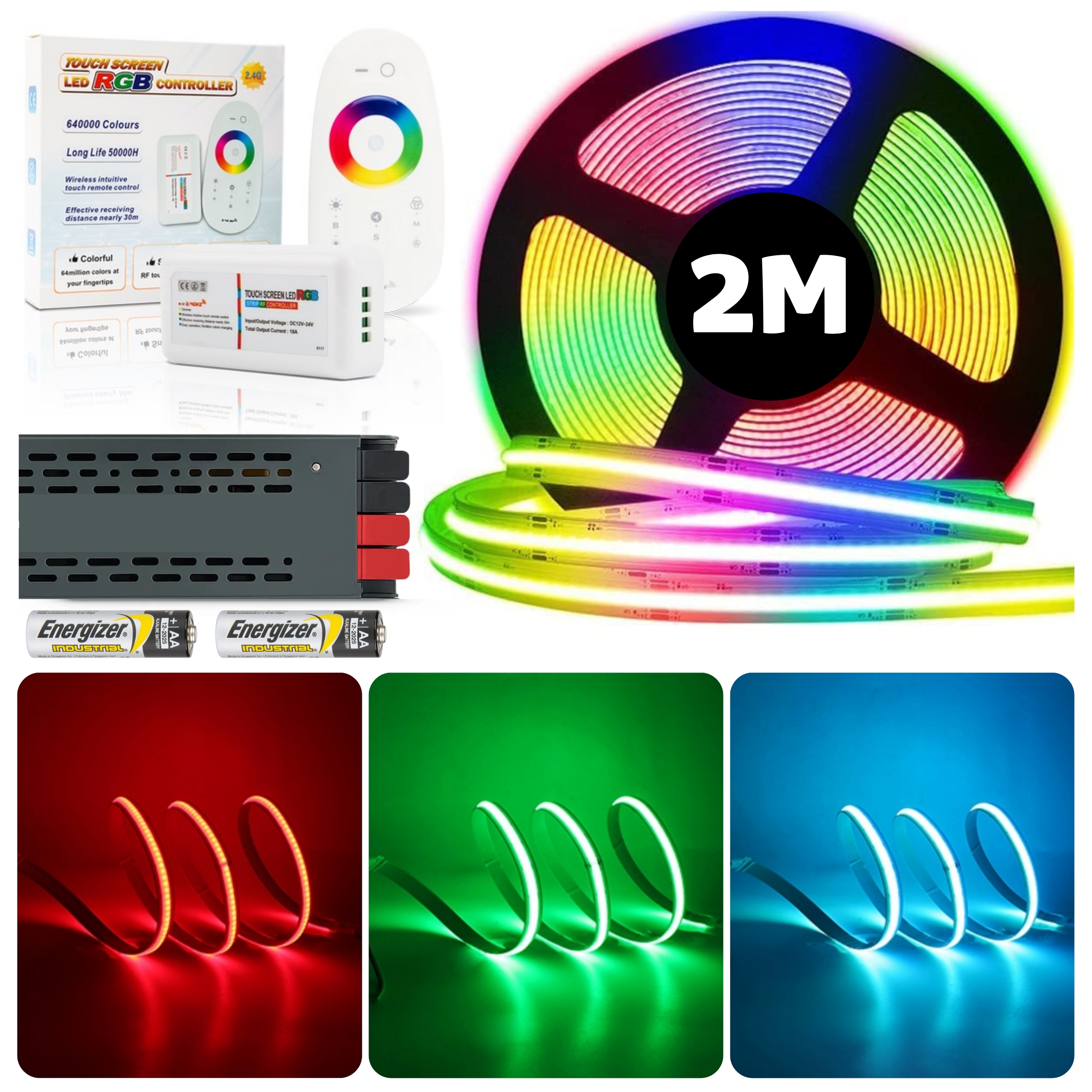Zestaw 2M Taśma neon Led Cob Rgb 840 diod 15W 24V z pilotem i zasilaczem