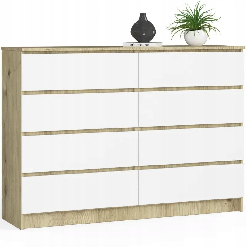 

Nowoczesna komoda 140 8 szuflad dąb artisan biała