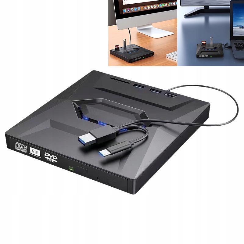 Zewnętrzny napęd CD, Dvd-rom, Usb 3.0 typu C do komputera laptopa 8x 24x