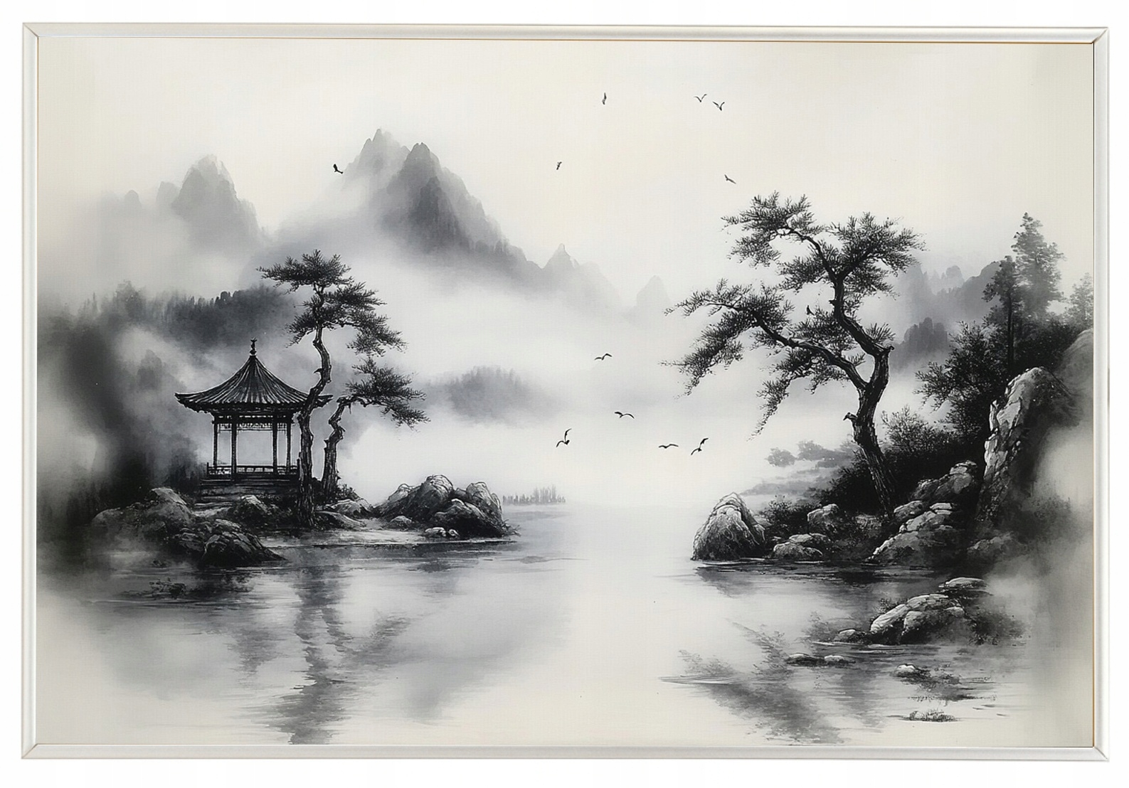 Plakát Rámeček Aluminium Grafika Tusz Asie Čína Krajina Pagoda 93x62