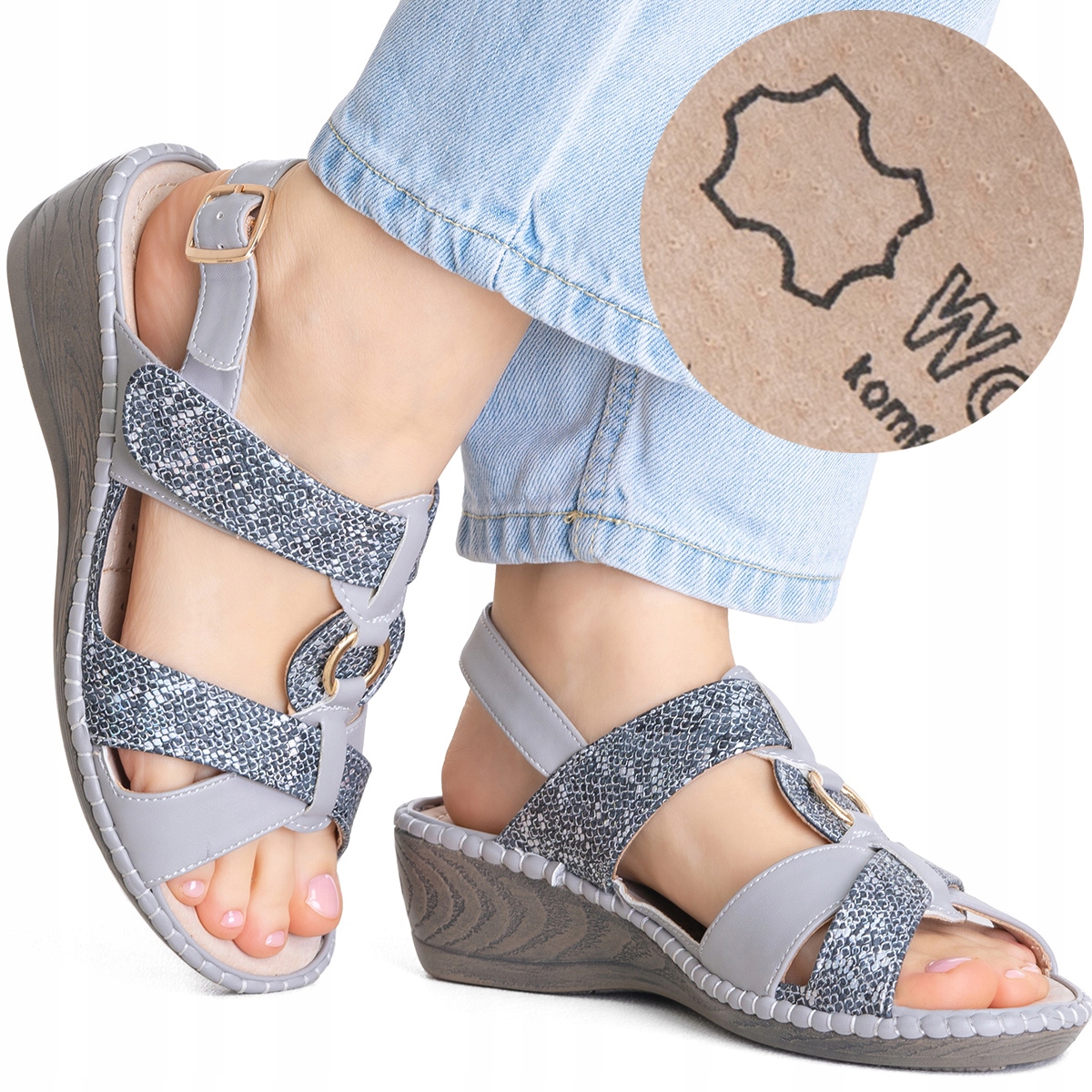 Sandály na klínku, kožená stélka, pohodlné, lehké, Širší, stabilní Wojtyłko 37