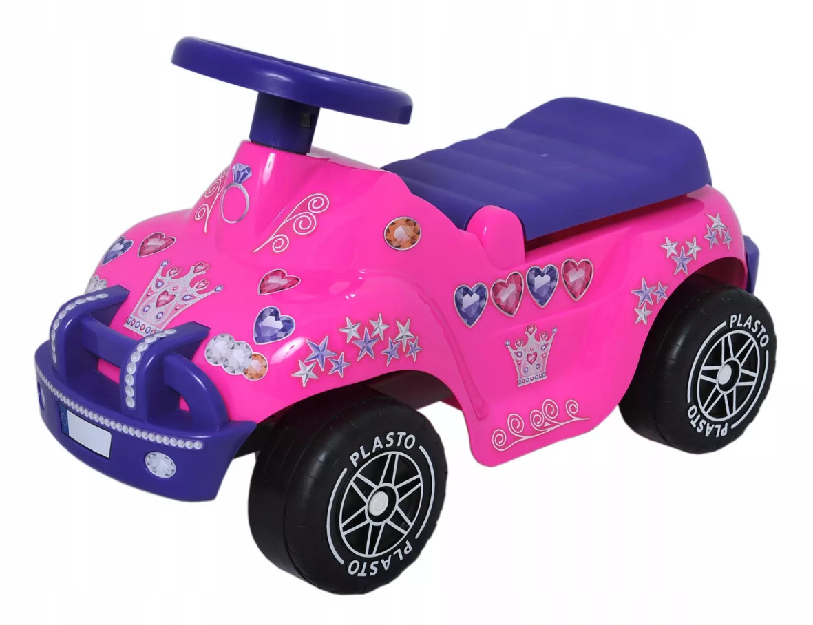 Plasto Jeździk księżniczki Ciche koła, do 35kg, 12m+ , Otwierany bagażnik