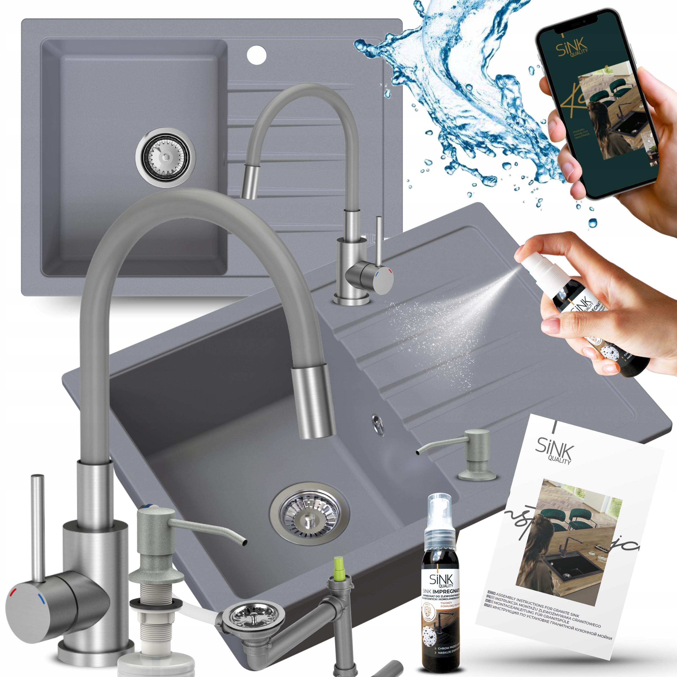 Sada Granitového Drezu Šedá S Odkvapkávačom Jednokomorová Batéria Sifón