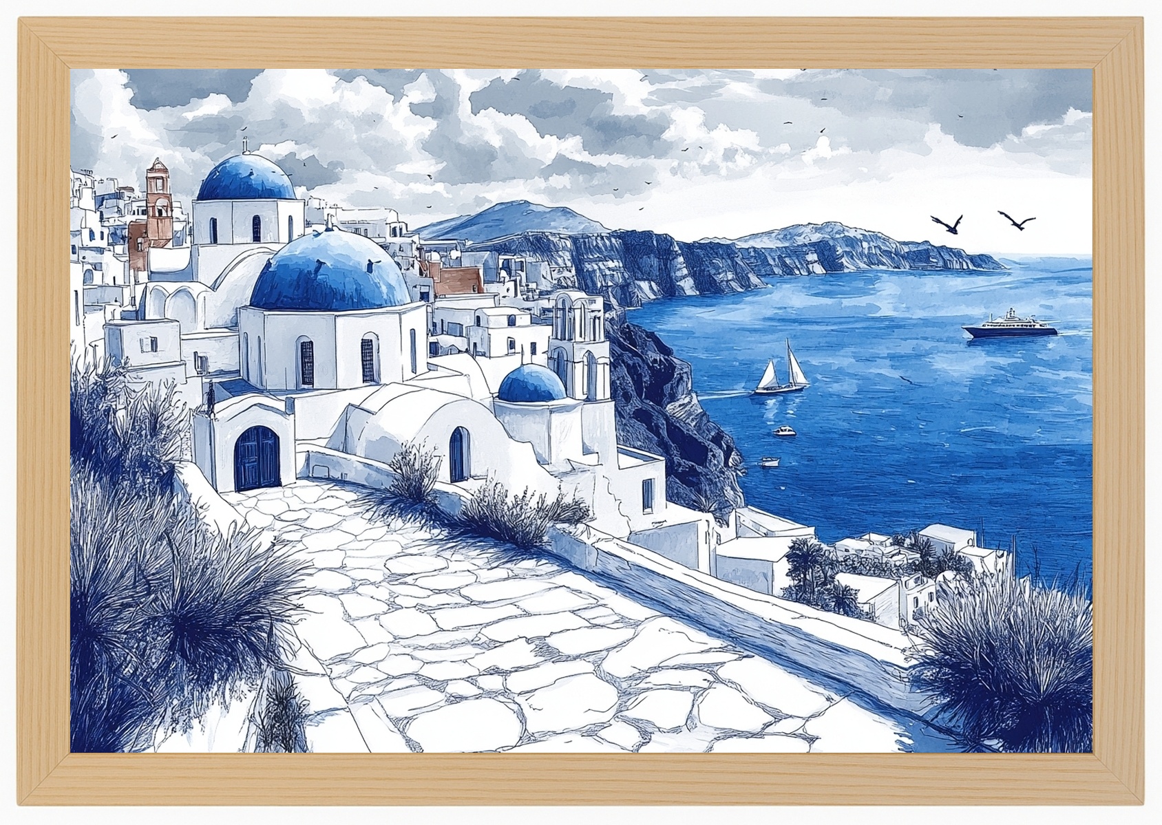 Plakát Rámeček Dřevo Řecko Santorini Moře Kostel Modrý 60x40