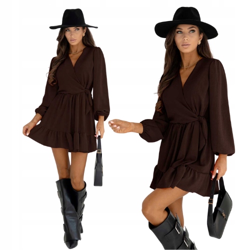 Rozkloszowana Sukienka Mini Falbana Czekolada