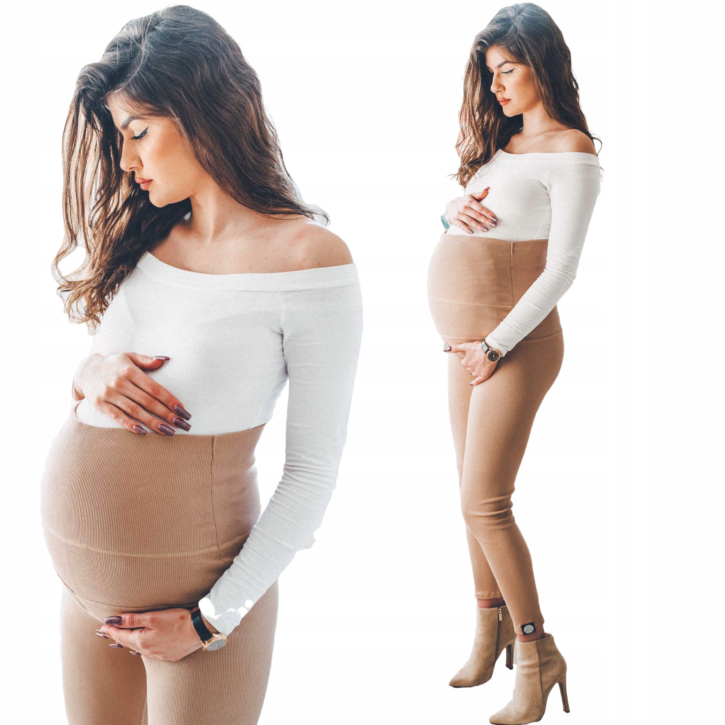 

Beżowe leginsy damskie ciążowe wysokie spodnie XL