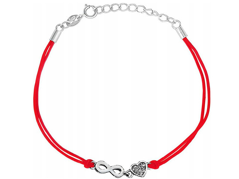 Stříbrný náramek 925 červený s provázkem a srdcem a nekonečnem