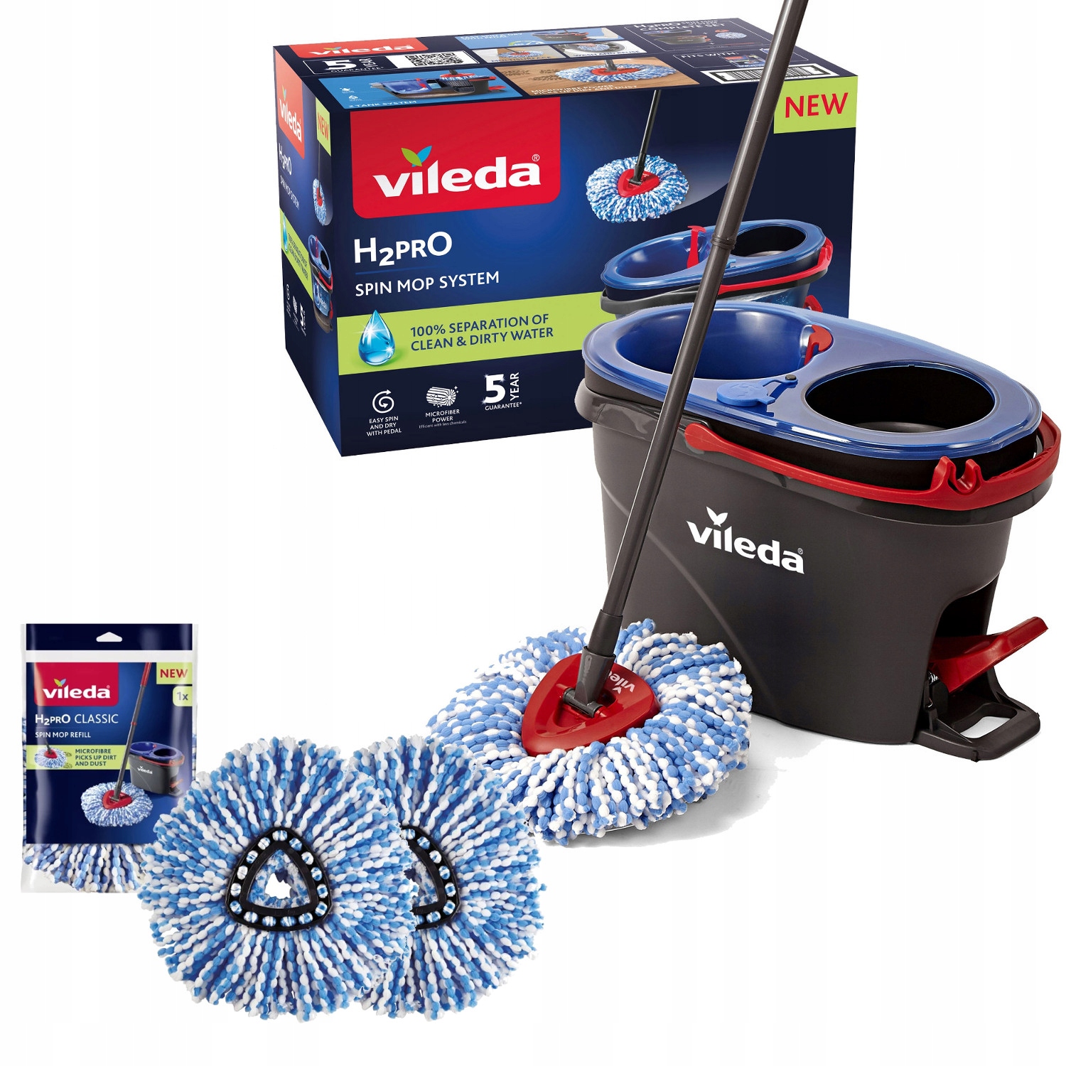 Levně Rotační mop Vileda, sada H2prO s kbelíkem, dvěma komorami a 3 vložkami