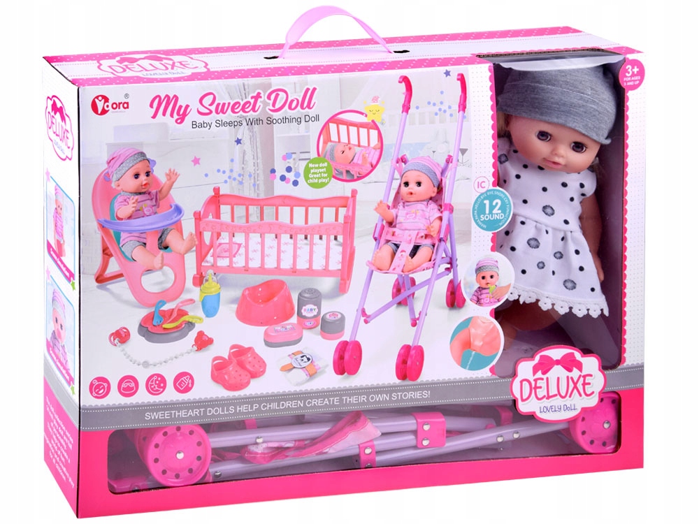 INTERAKTYWNA SIUSIAJĄCA LALKA WÓZEK KRZESEŁKO KOŁYSKA I AKCESORIA 15w1 Kolor dominujący wielokolorowy