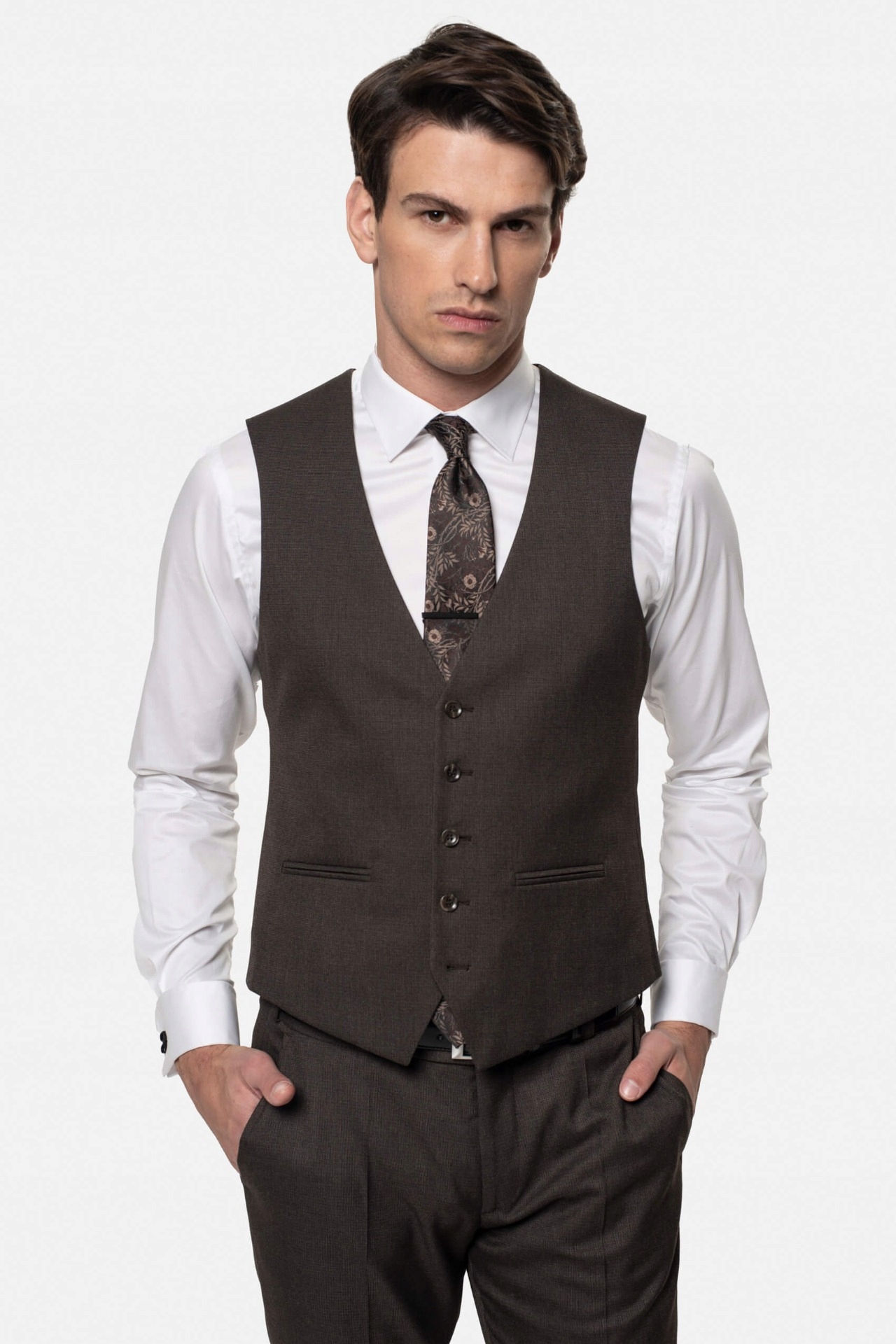 Kamizelka Amandi Slim Fit Brązowa Jednorzędowa 52