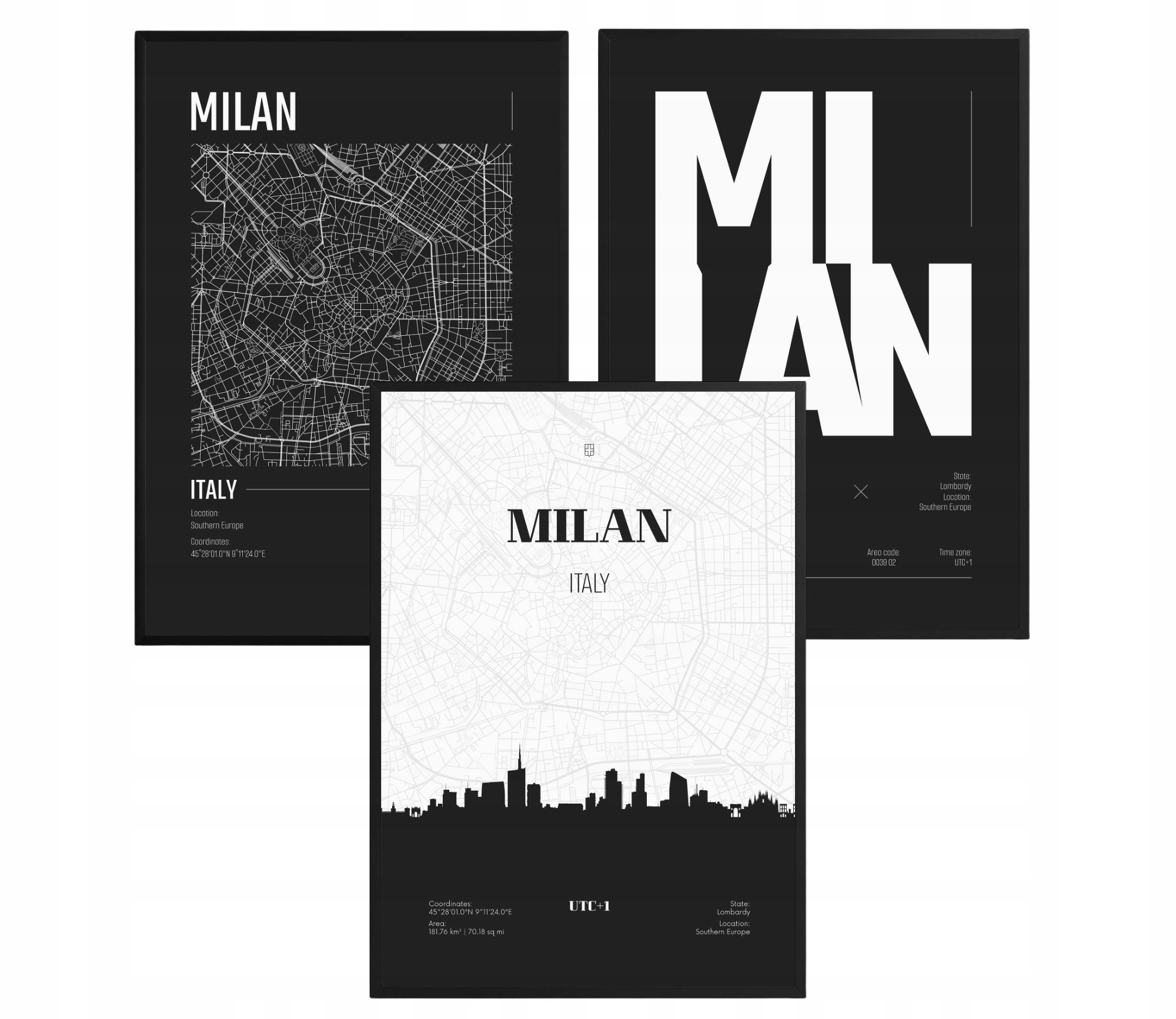 Sada 3 plagátov Miláno Mapa mesta Čiernobiele Loft Obrazy v ráme