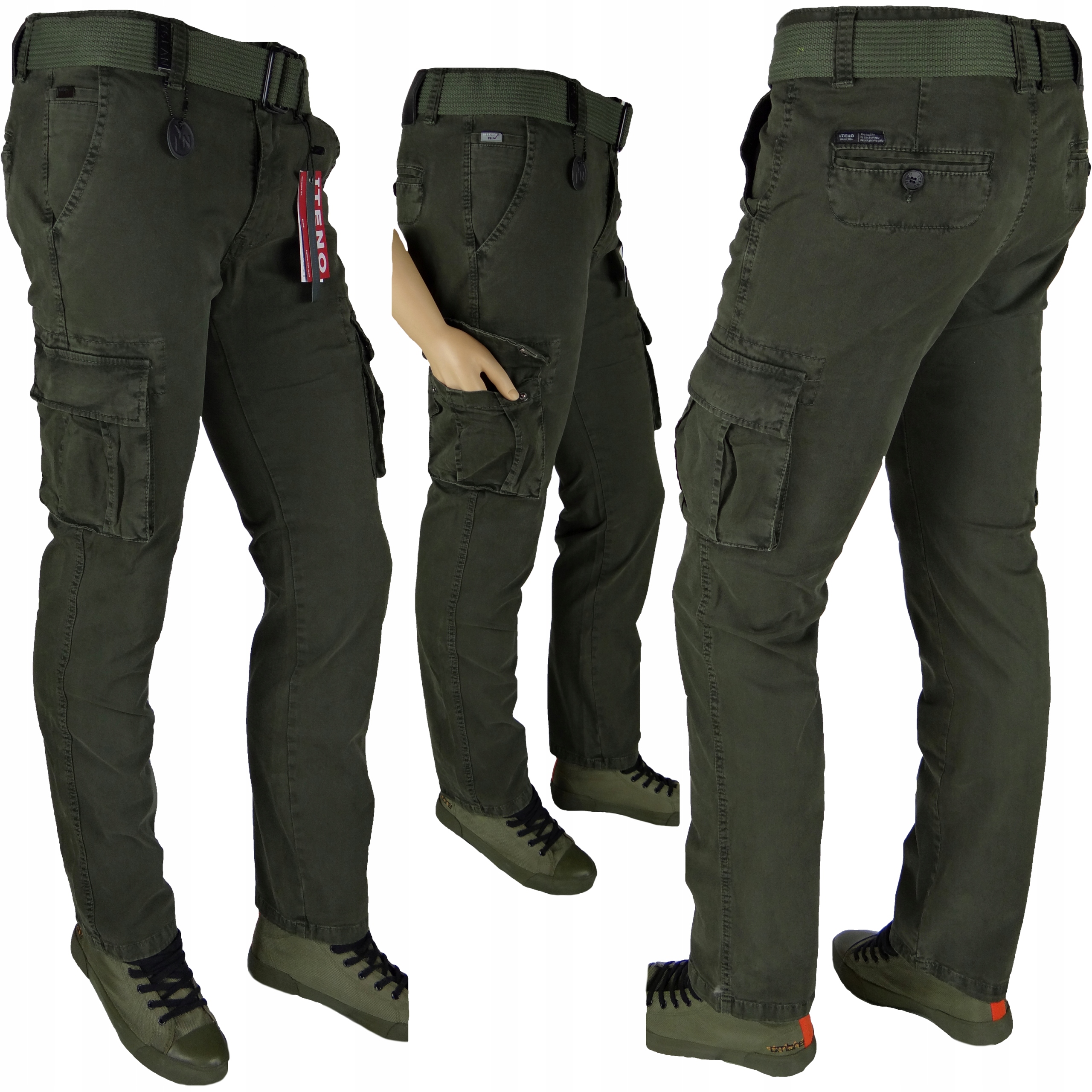 SPODNIE BOJÓWKI ZIELONE Stretch z paskiem r36 IT. Różne Rozmiary