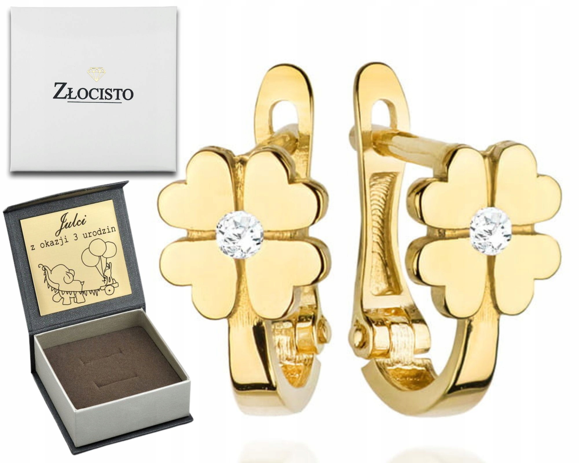 Zlaté Náušnice Dětské Květiny Jetele S Bílým Zirkonem 585 Gravírování