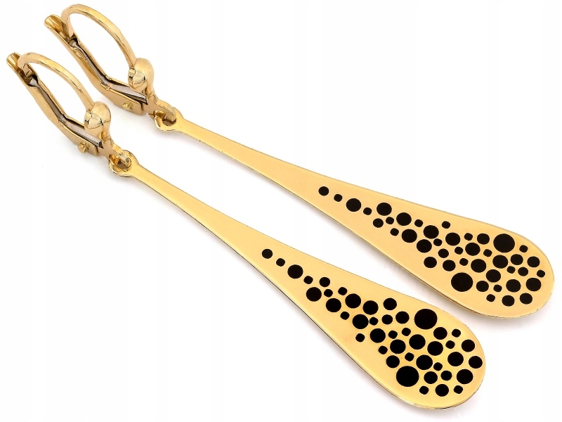 Náušnice ze žlutého zlata 585 dlouhé pevné mačičky s černým smaltem dárek