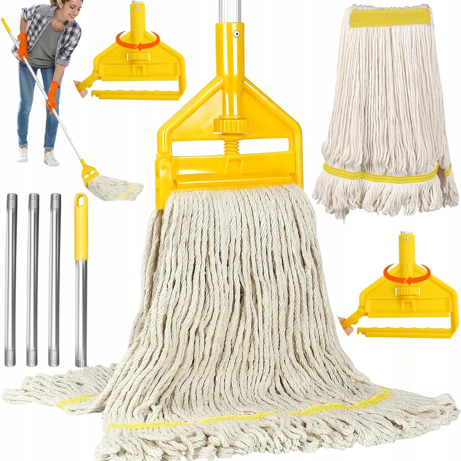 Levně Mop Mopy Na Podlahu Provázkový Bavlněný Hrot Dlouhá Rukojeť Vyjímatelná