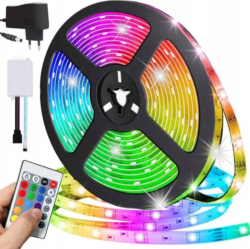 LEDY KOLOROWE DO POKOJU WODOODPORNE TAŚMA LED SMD RGB 5m KOLOROWA + PILOT
